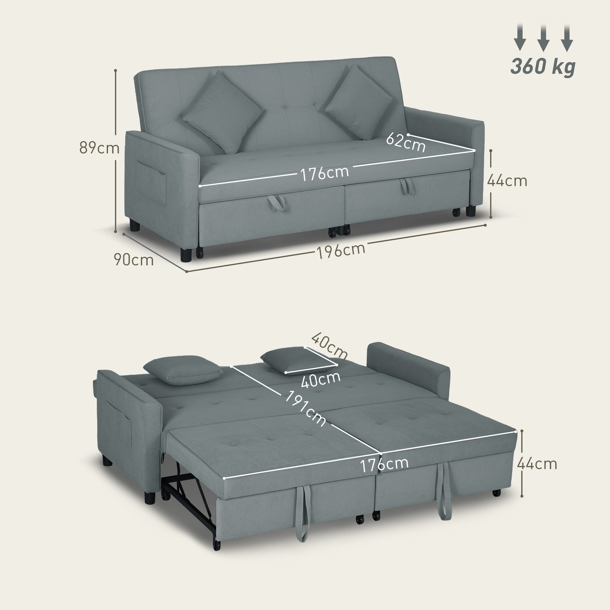 HOMCOM Schlafsofa 3-in-1 Klappsofa mit Schlaffunktion, verstellbare Rückenlehne, 3-Sitzer-Schlafcouch 1 Teile, für Wohnzimmer, Schlafzimmer, Grau