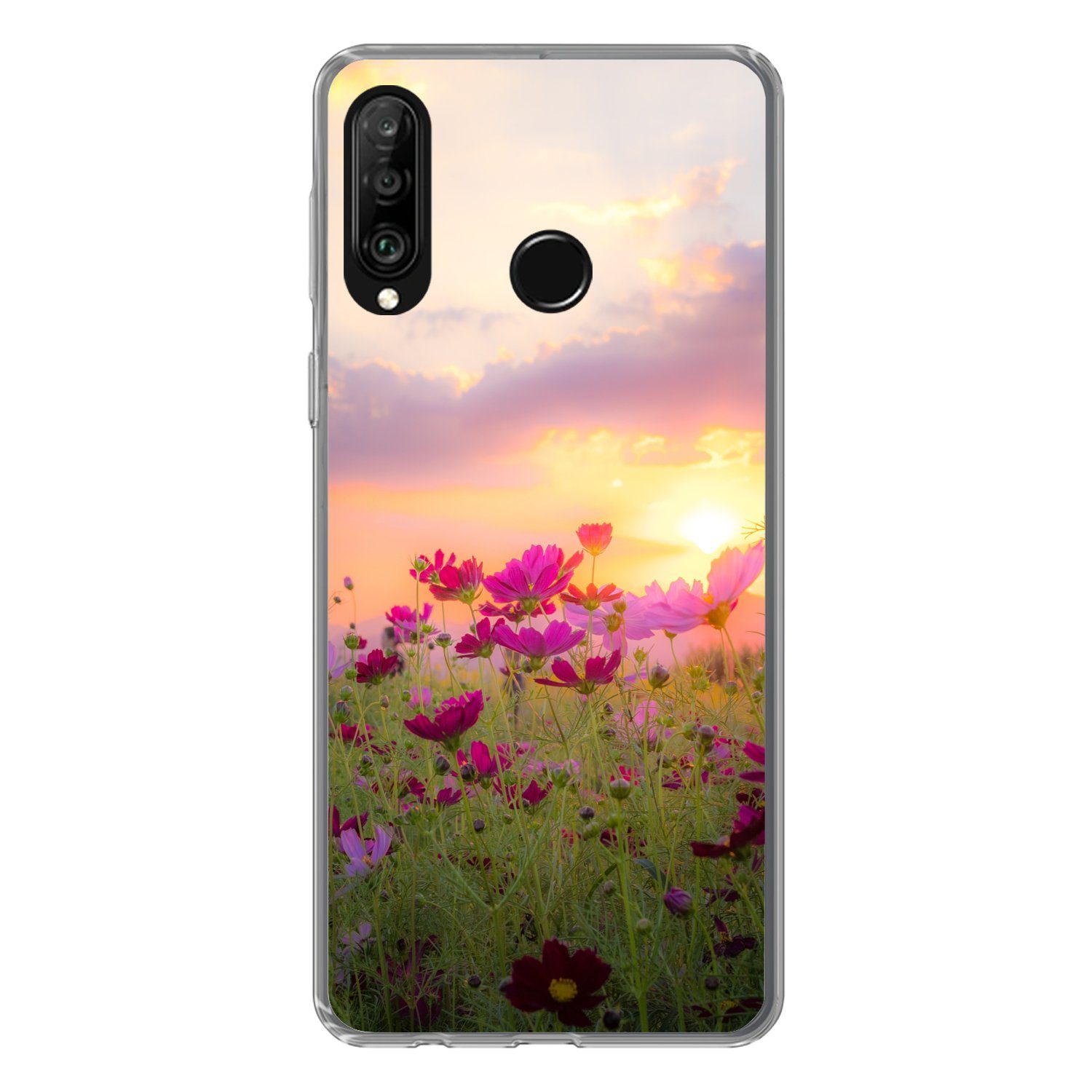 MuchoWow Handyhülle für Huawei P30 Lite Sonnenuntergang - Blumen - Rosa - Natur - Grün, Handy Case, Silikon, Bumper Case Dünn