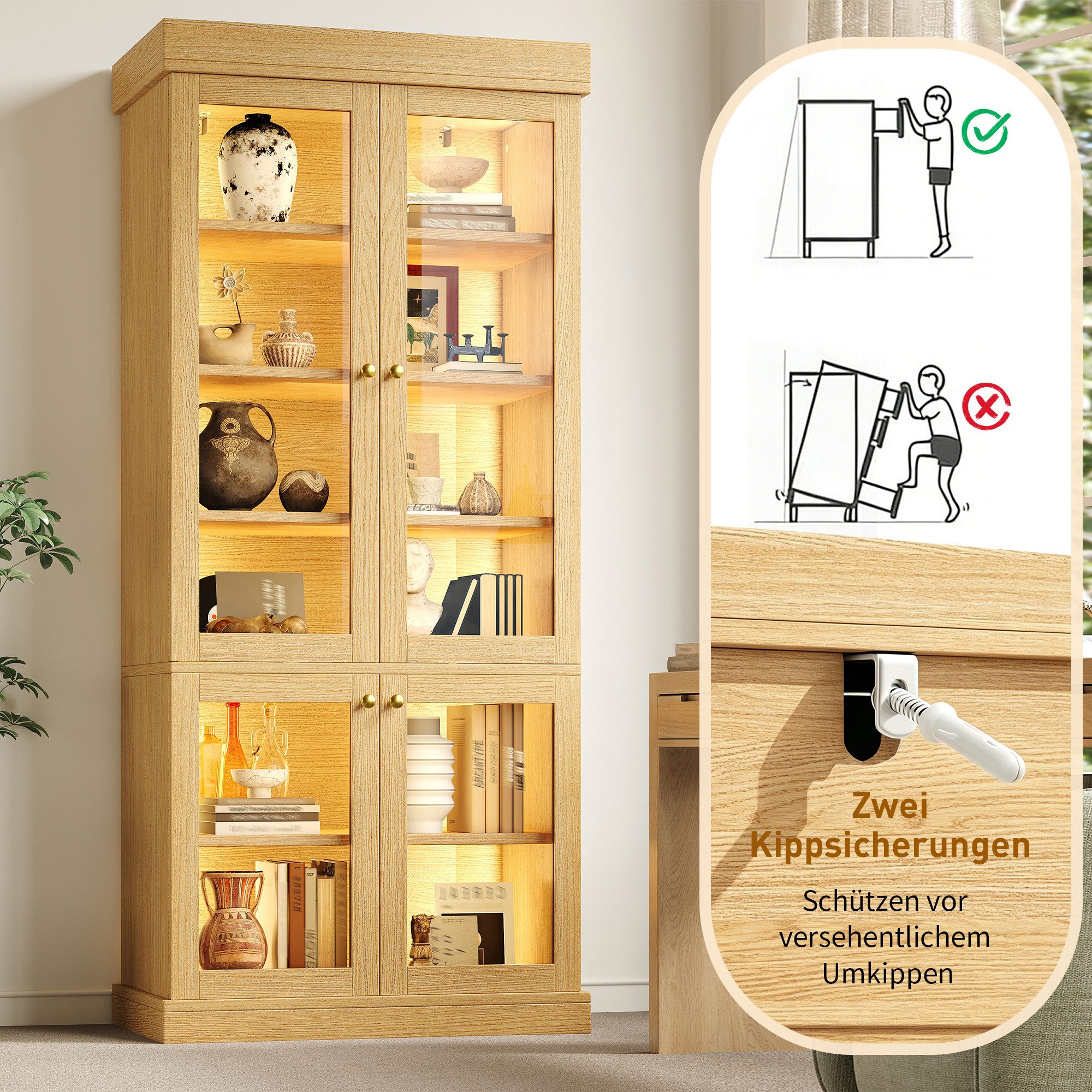 i@home Vitrine Vitrinenschrank mit LED und Glasvitrine (Hochschrank mit Stauraum, 1-St) Standvitrine für Wohnzimmer und Flur 180 cm, Kippschutz – Bild 3 von 5