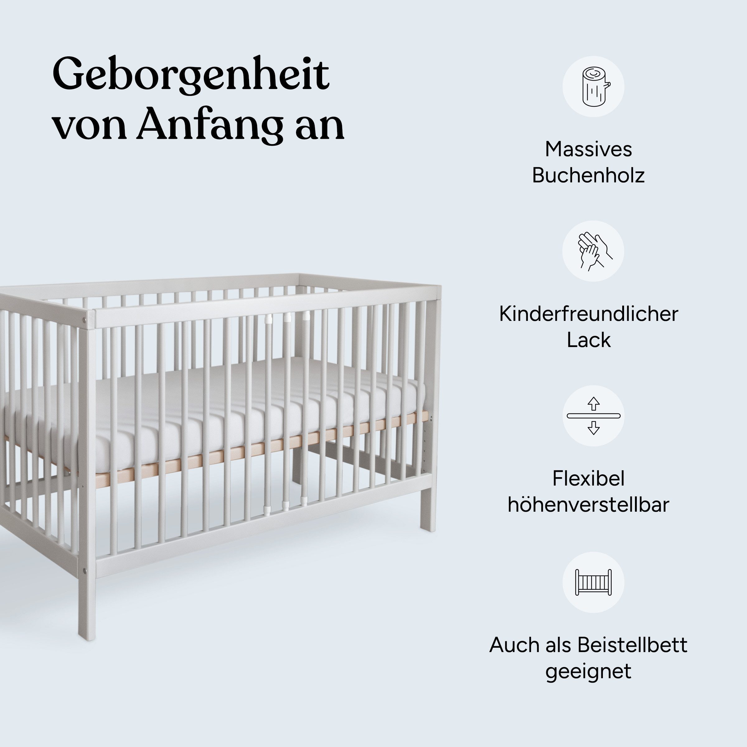 Ehrenkind Babybett PUR inkl. Matratze aus massivem Buchenholz, Gitterbett, Baby Bett, Babybett 60x120 cm