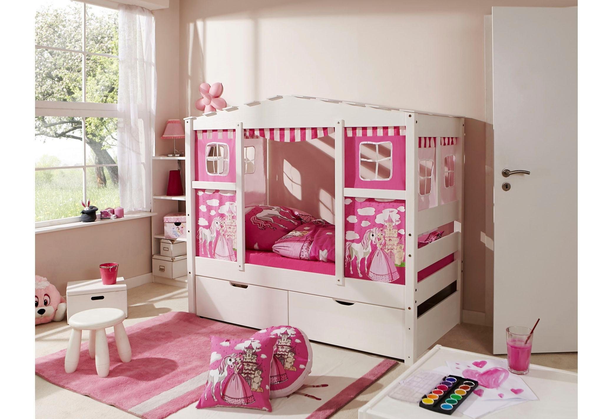 Ticaa Kinderbett Lio, Hausbett bodentief, mit pink Schubkasten Prinzessin