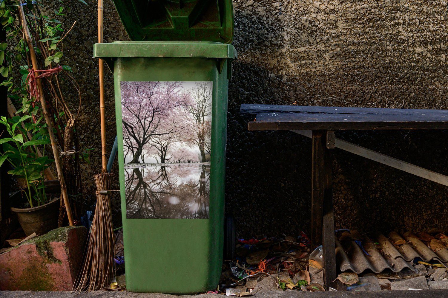 Mülleimer-aufkleber, Mülltonne, Blüte Sticker, Japan MuchoWow Wandsticker (1 Baum Abfalbehälter Container, - - - Sakura St),