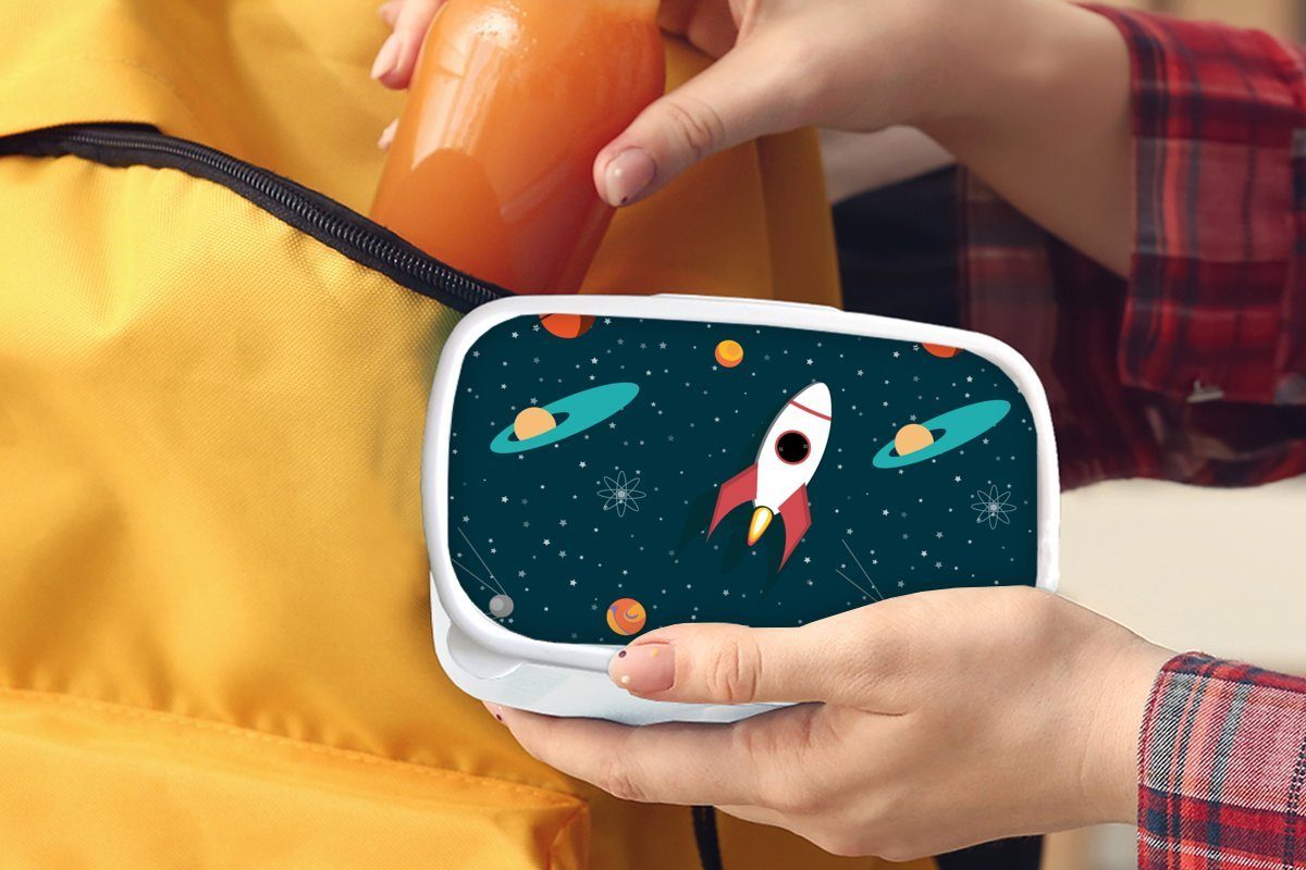 Design, (2-tlg), und Erwachsene, für Kinder für Mädchen Jungs MuchoWow Weltraum Lunchbox - und - weiß Rakete Brotdose, Brotbox Kunststoff, - Kinder