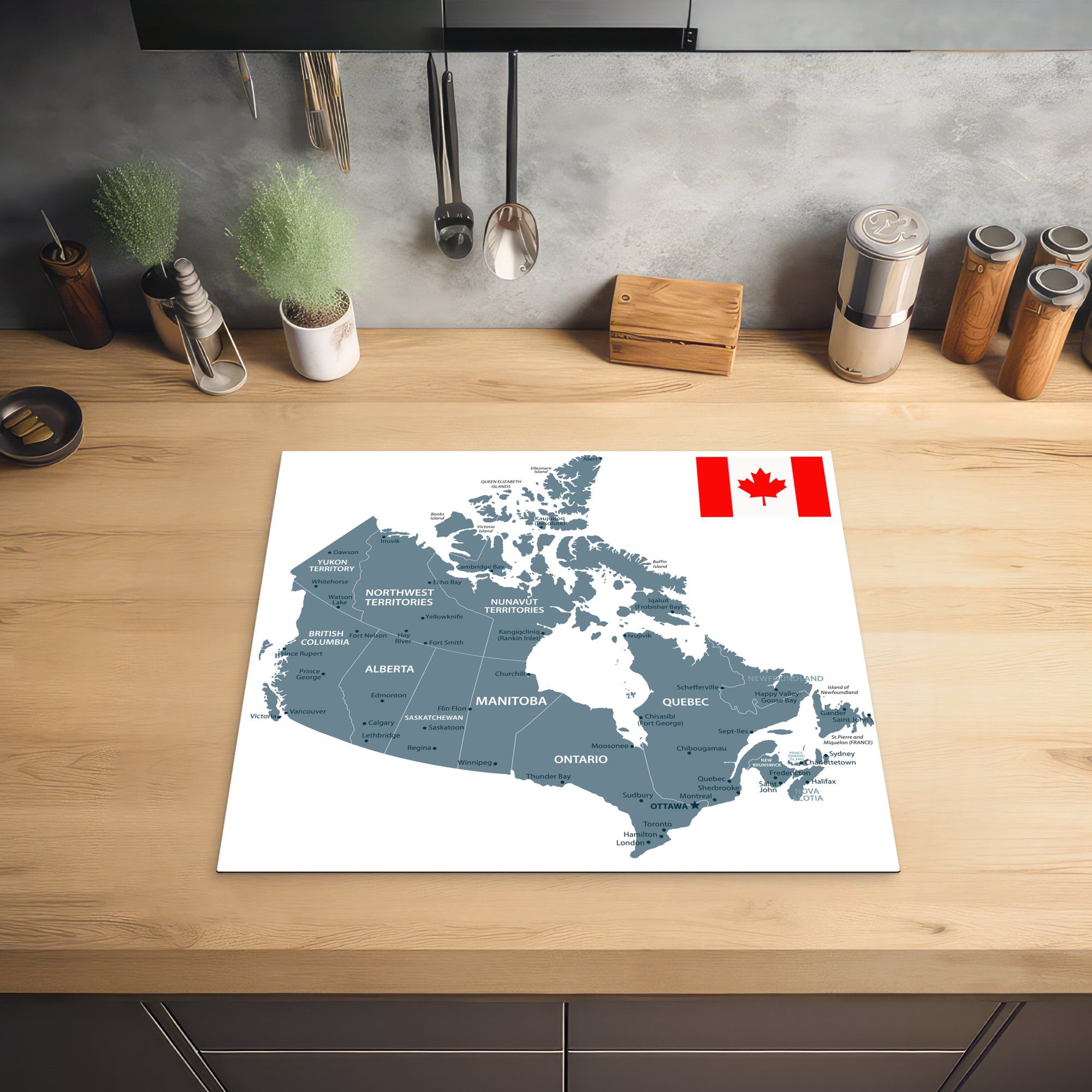 Kanada 60x52 Illustration mit MuchoWow Mobile Grau Flagge, nutzbar, Vinyl, Ceranfeldabdeckung von (1 tlg), Herdblende-/Abdeckplatte cm, der Arbeitsfläche in