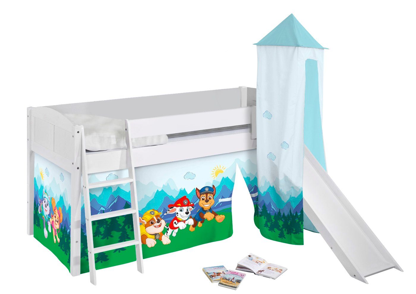 Lilokids Kinderbett Hochbett IDA Landhaus mit Rutsche, Vorhang & Turm PAW PATROL 200x90cm
