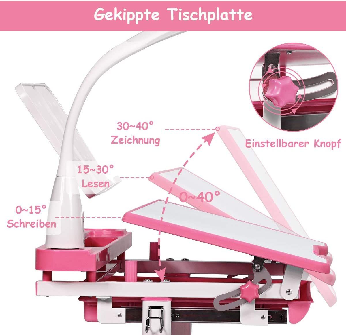 COSTWAY Kinderschreibtisch, mit Stuhl, Lampe & Schublade, höhenverstellbar