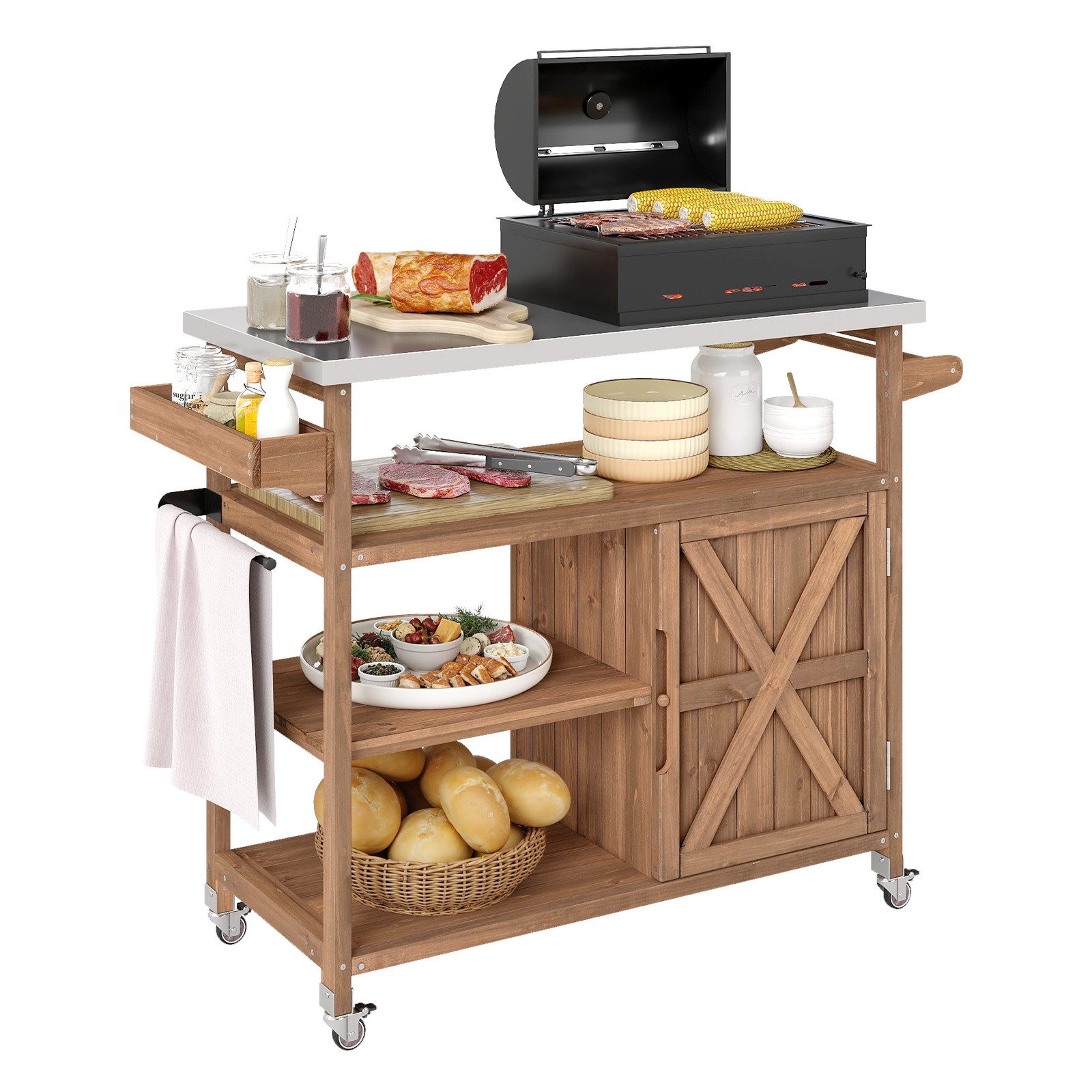 COSTWAY Grillablagetisch (1-St), Holz Grillwagen, Kücheninsel mit 4 Rollen, Schrank, Gewürzregal