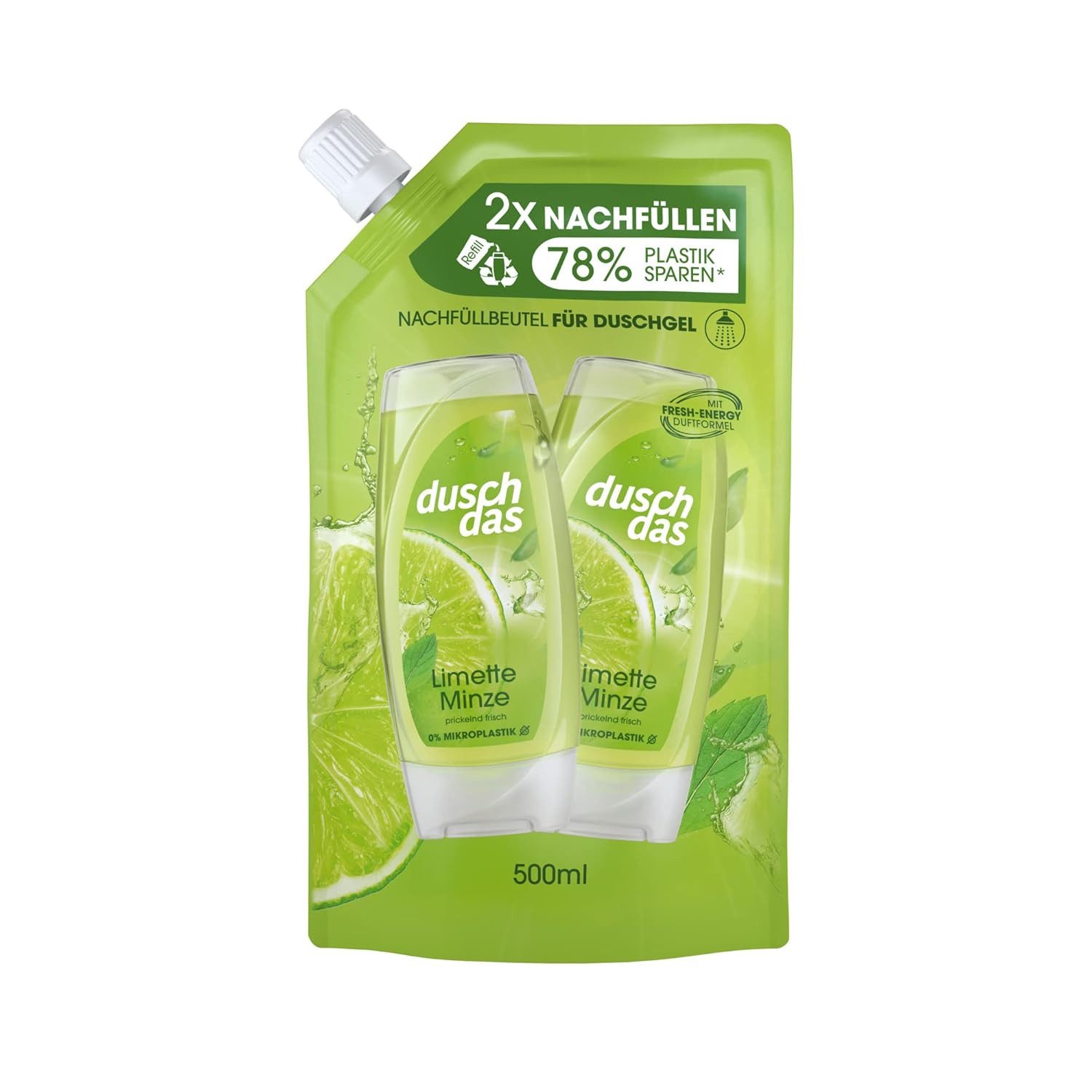 duschdas Duschgel 1x Duschgel Limette Minze Nachfüllbeutel Duschbad 500 ml, 1-tlg., Duschbad mit Fresh-Energy-Duftformel