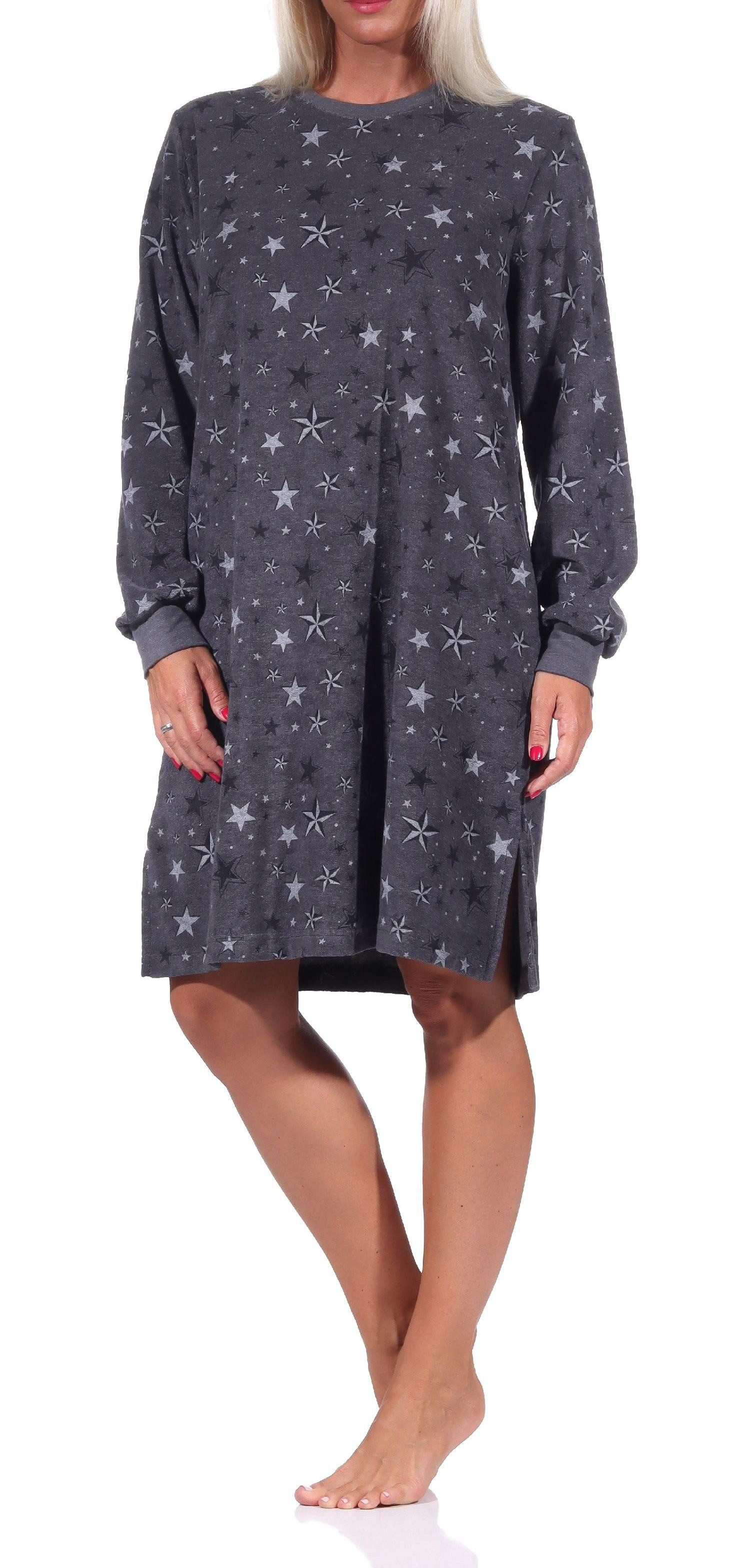 Nachthemd Damen Frottee Nachthemd mit Bündchen in edlem Sterne Design