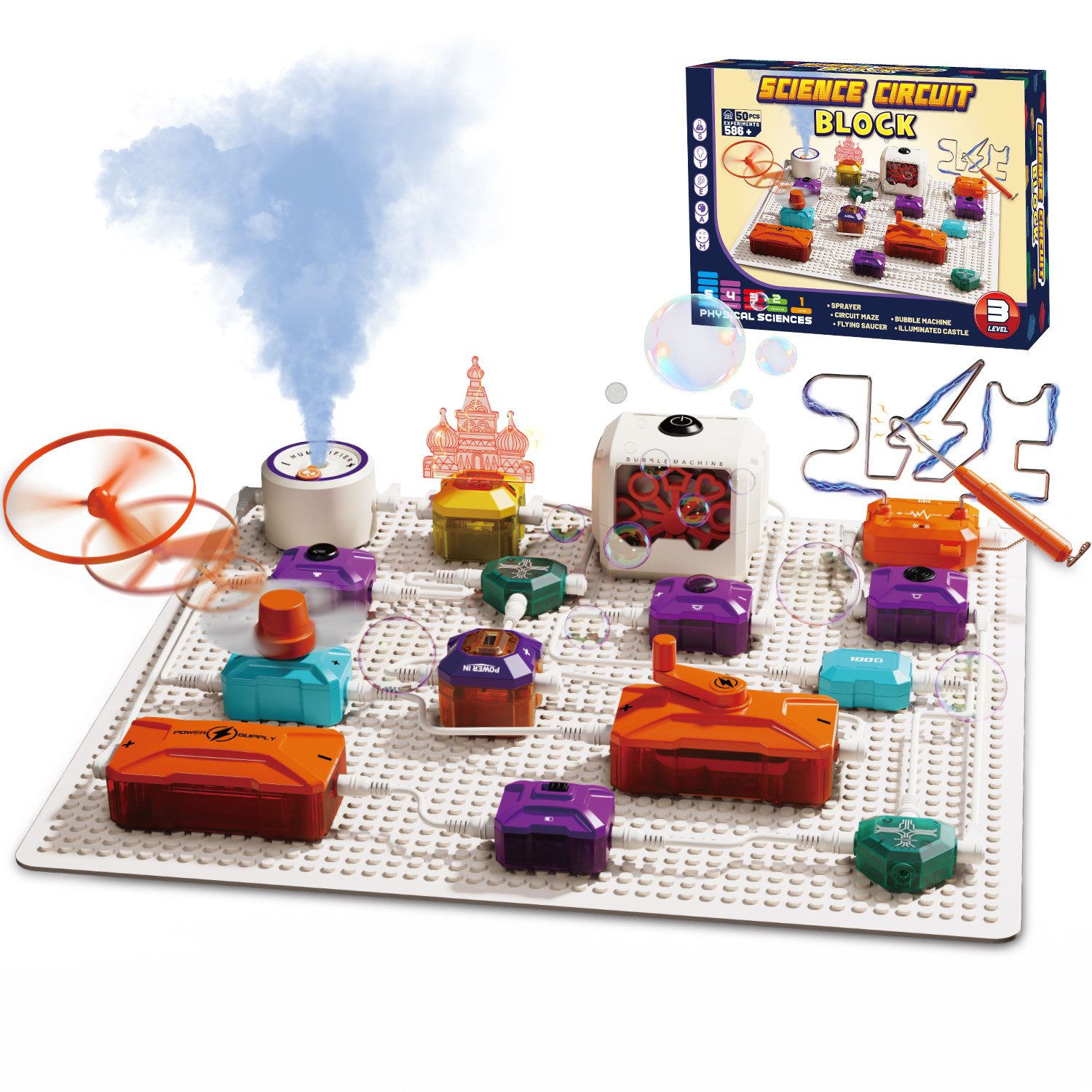 Esun Experimentierkasten Elektronik Baukasten, Experimente für Kinder, 50 STEM Physikspielzeug, (Set, 50-tlg., Komplettset), Blasenmacher, Ventilator, Fliegender Hubschrauber