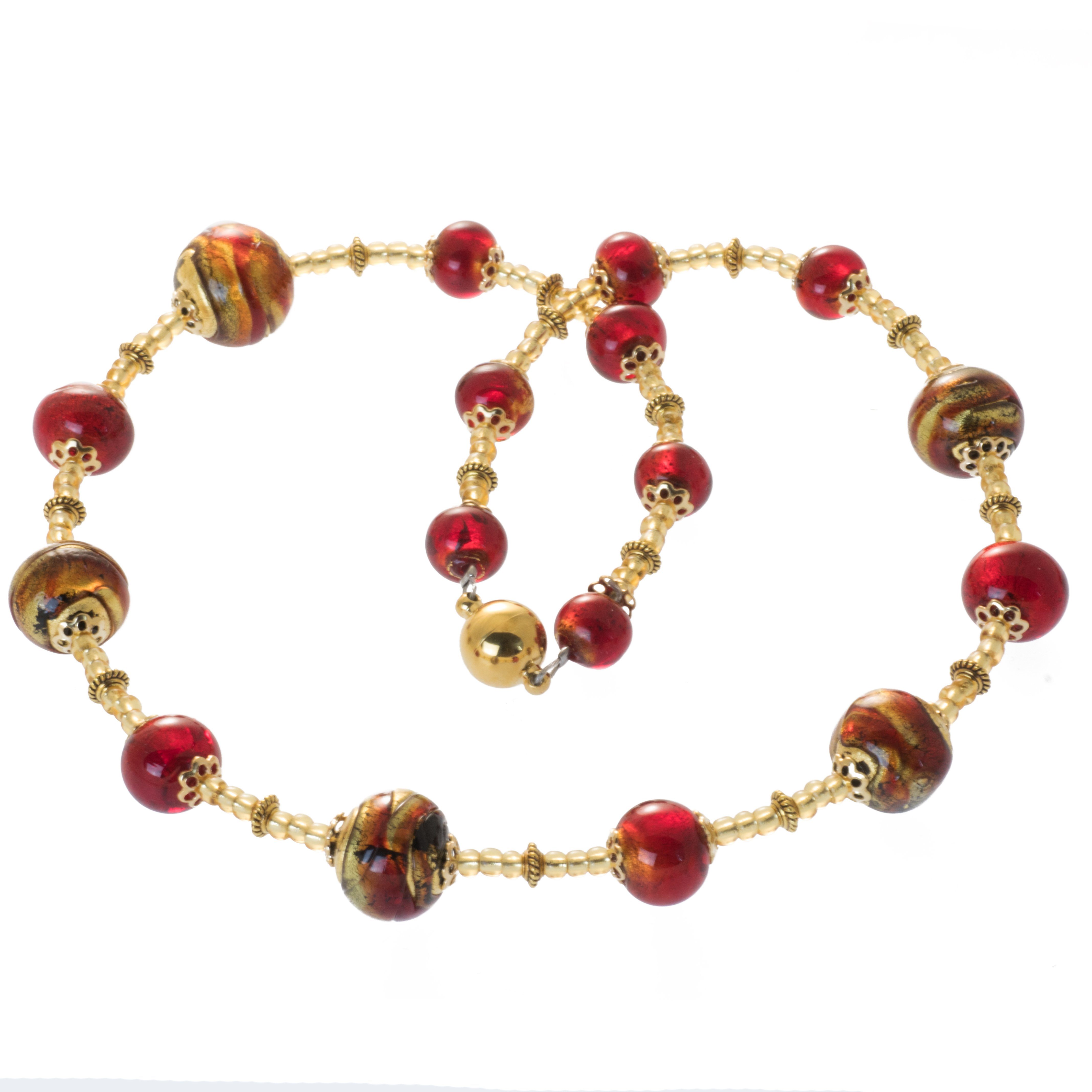 Perlenkette Kette mit Murano Glas Perlen mit Goldfolie rot gold