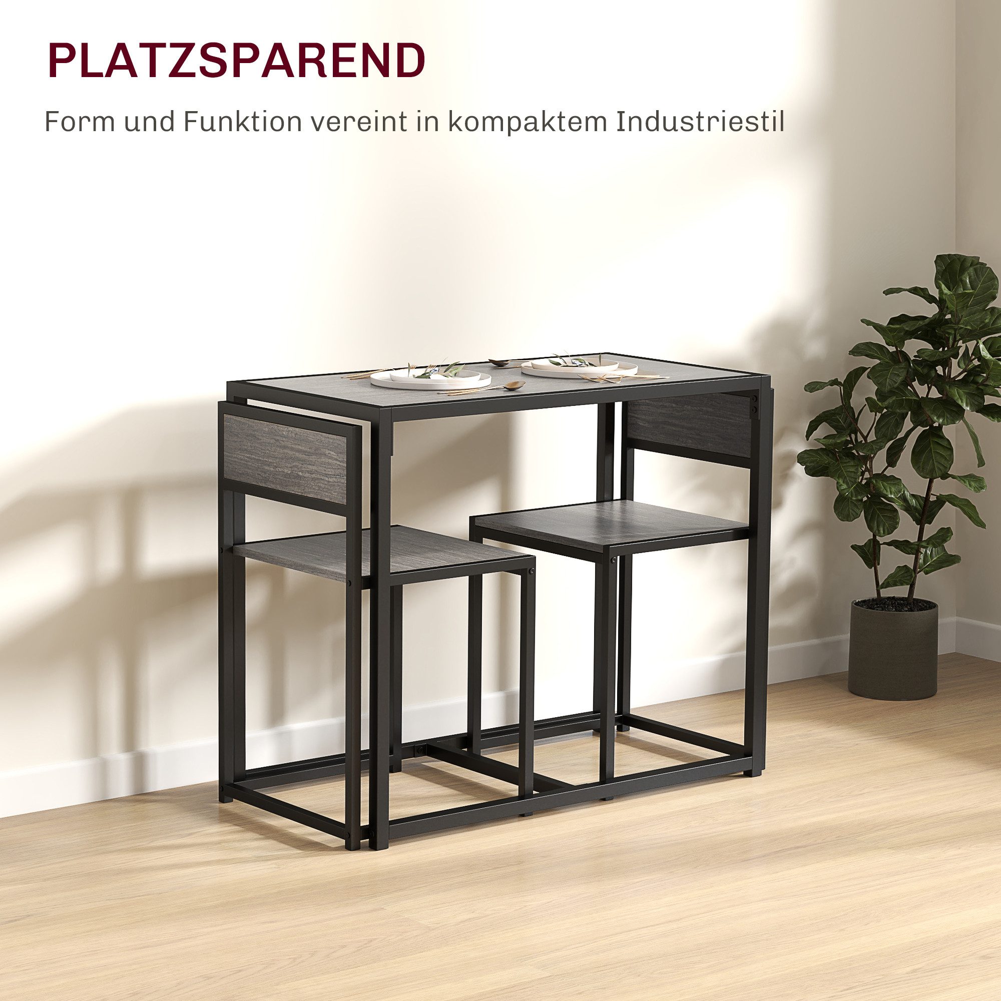 HOMCOM Essgruppe Esstisch mit 2 Stühlen Platzsparend Küchentisch-Set, (Esstisch mit 2 Stühlen, 3-tlg., Platzsparend Esszimmergruppe), für Esszimmer, Küche Grau – Bild 4 von 5