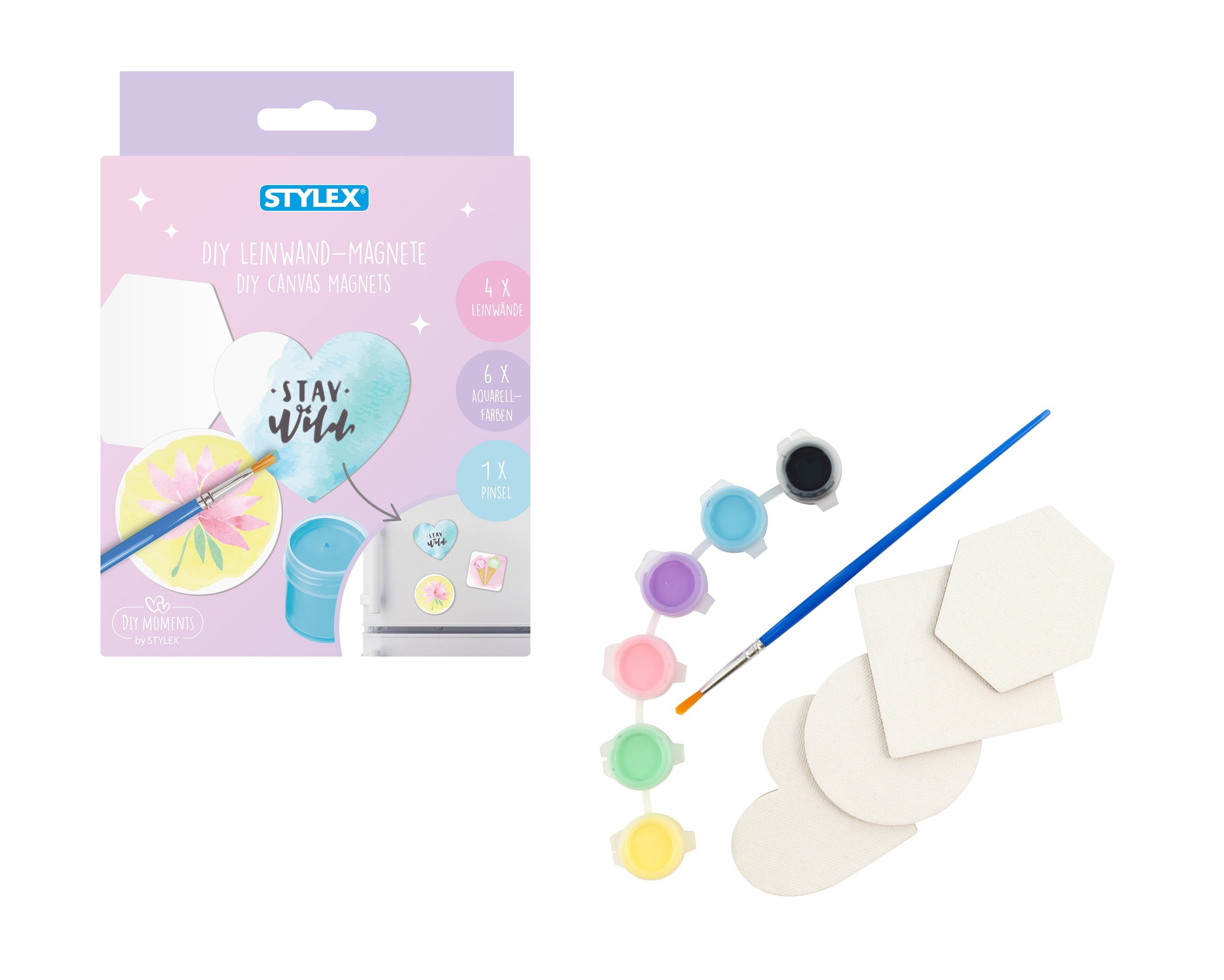 Stylex Schreibwaren Magnet 4 DIY Leinwand-Magnete Set mit 6 Aquarellfarben à 5 ml und Pinsel