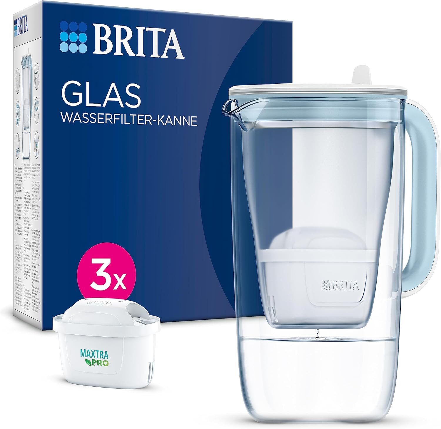 BRITA Wasserfilter Glas Kanne hellblau 2,5 l, inkl. 3 MAXTRA PRO ALL-IN-1 Filterkartusche