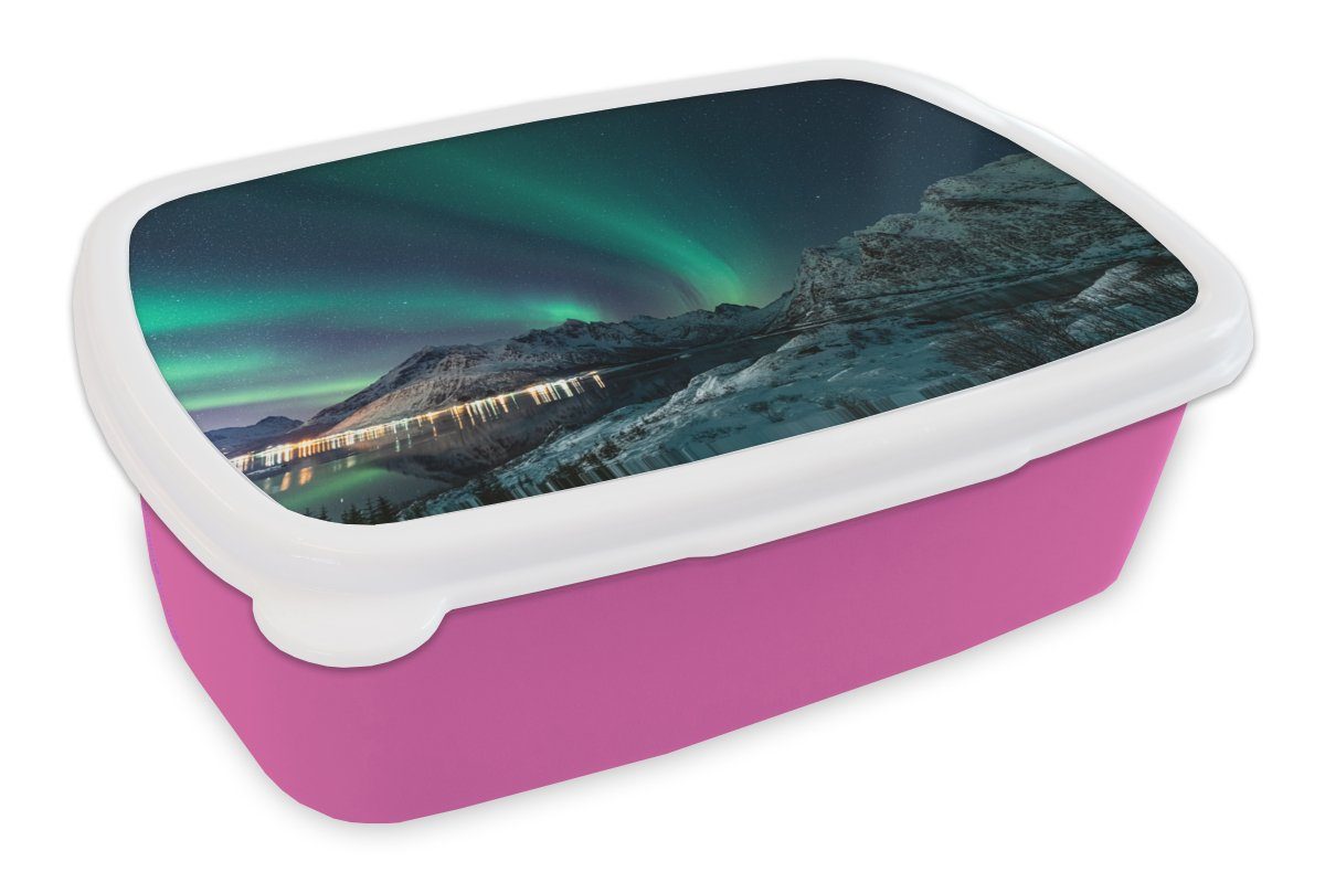 MuchoWow Lunchbox Nordlicht - Berg - Schnee - Grün - Sternenhimmel - Winter, Kunststoff, (2-tlg), Brotbox für Erwachsene, Brotdose Kinder, Snackbox, Mädchen, Kunststoff rosa