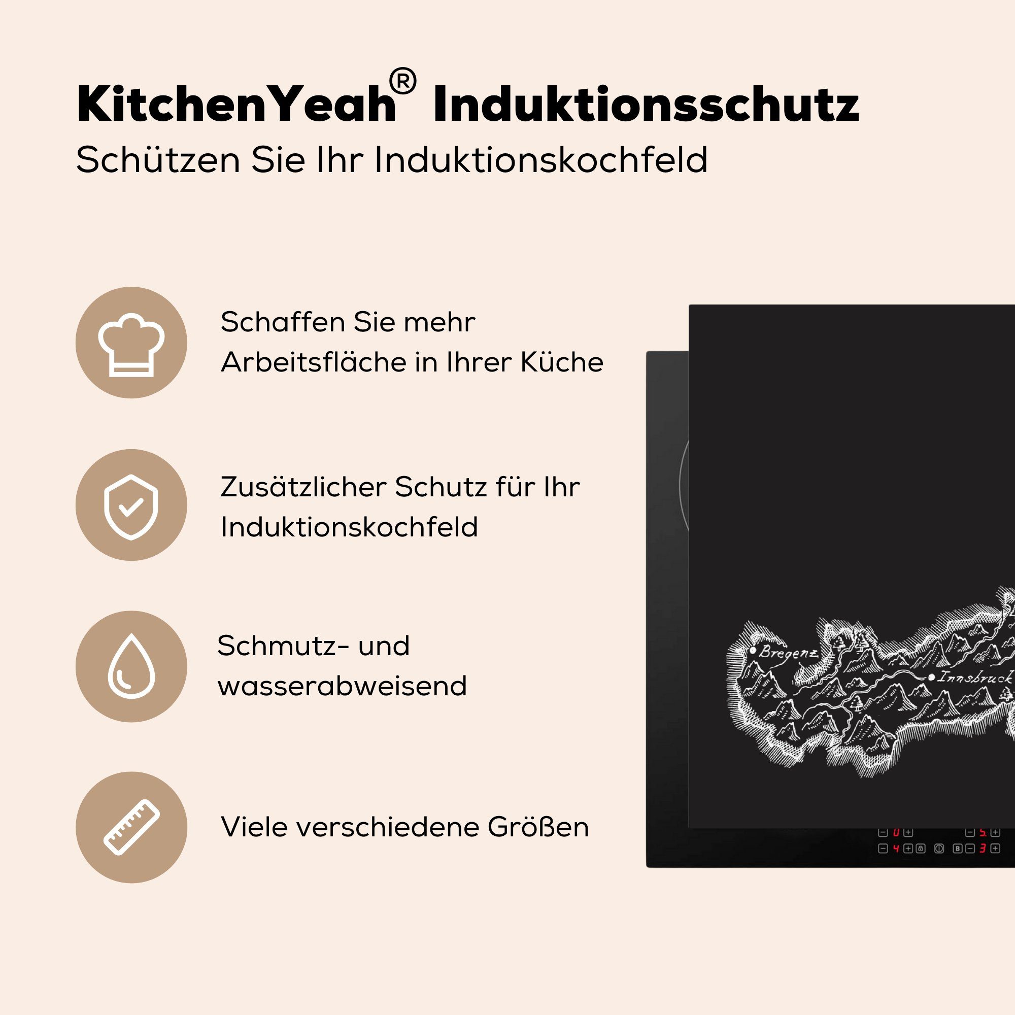 83x51 MuchoWow Ceranfeldabdeckung, Schwarz-Weiß-Illustration Karte in, Herdblende-/Abdeckplatte (1 küche Gewässer der und tlg), Vinyl, für einer Berge Arbeitsplatte cm,