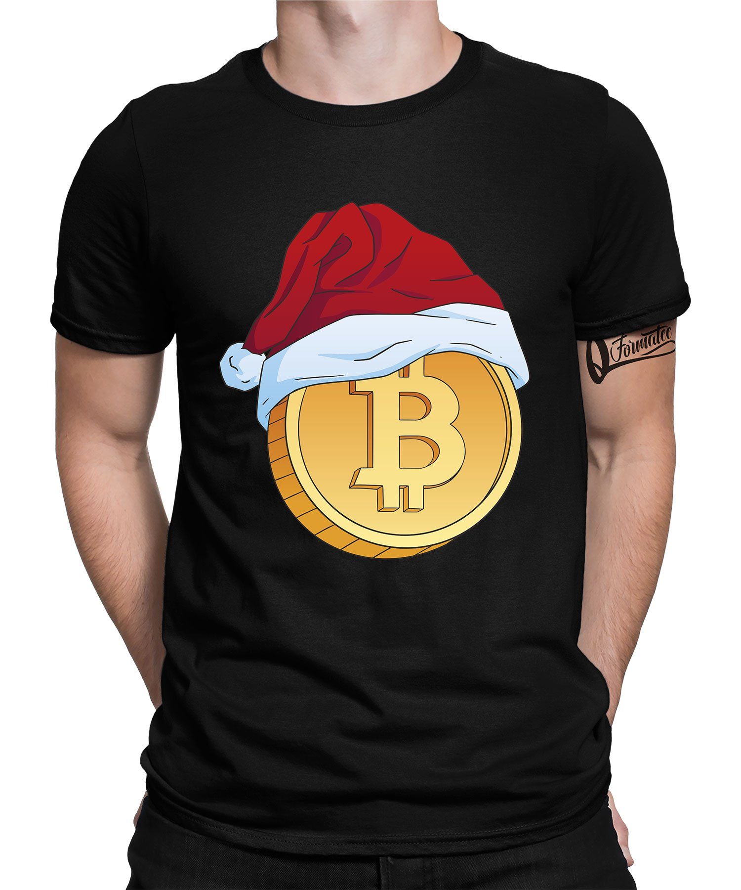 Quattro Formatee Kurzarmshirt Bitcoin Weihnachtsmütze Kryptowährungen Herren (1-tlg)
