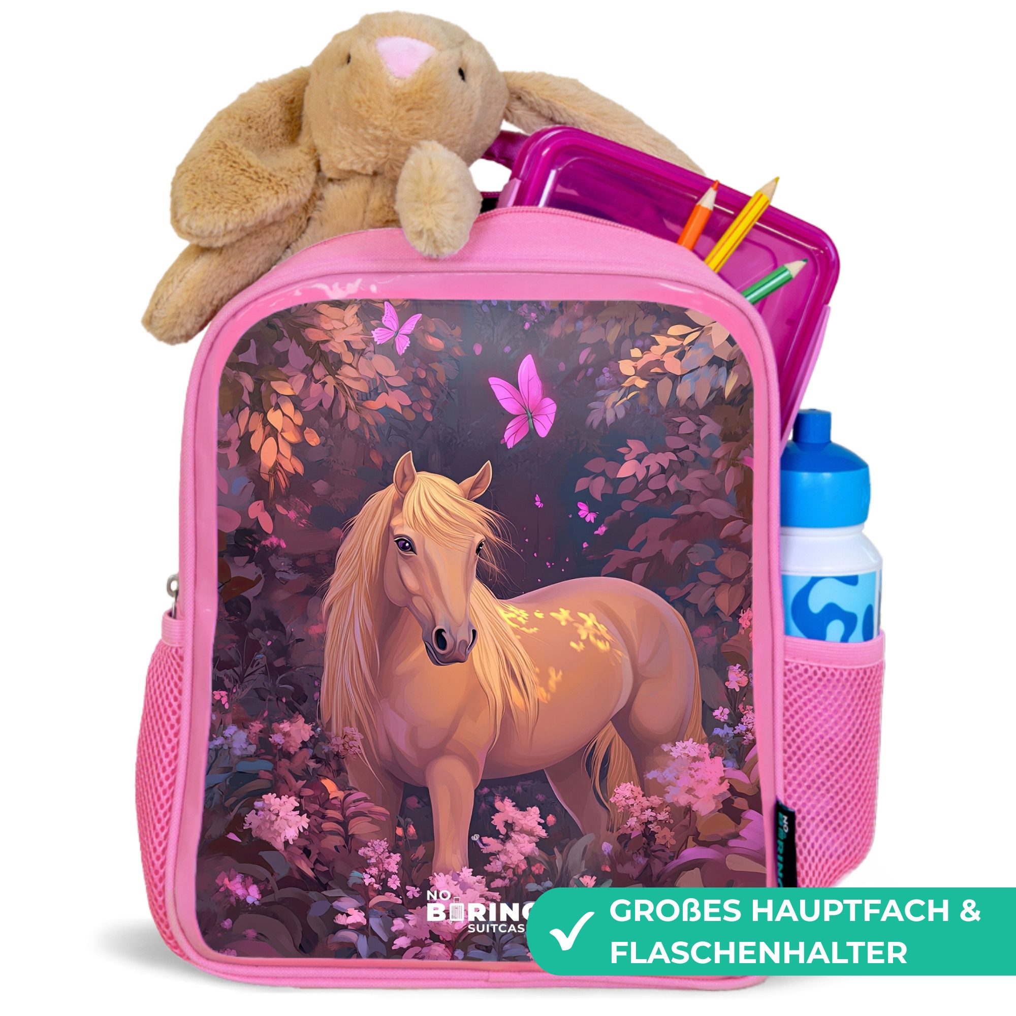NoBoringSuitcases.com© Rucksack Rosa - Pferd - Blumen - Lila - Schmetterling, Kinderrucksack, Schulrucksack, Freizeitrucksack, Mädchen, Kindergarten – Bild 2 von 5