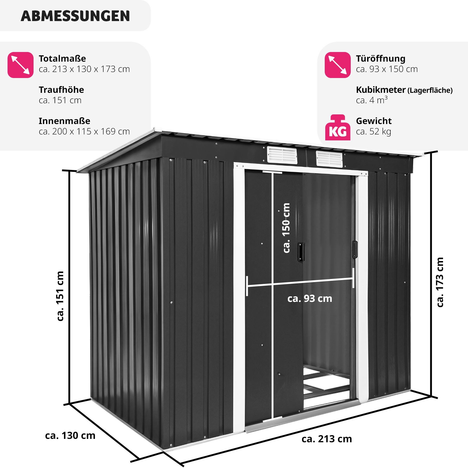 tectake Gartenhaus Geräteschuppen mit Schrägdach, BxT: 130,00x213,00 cm, aus Stahl