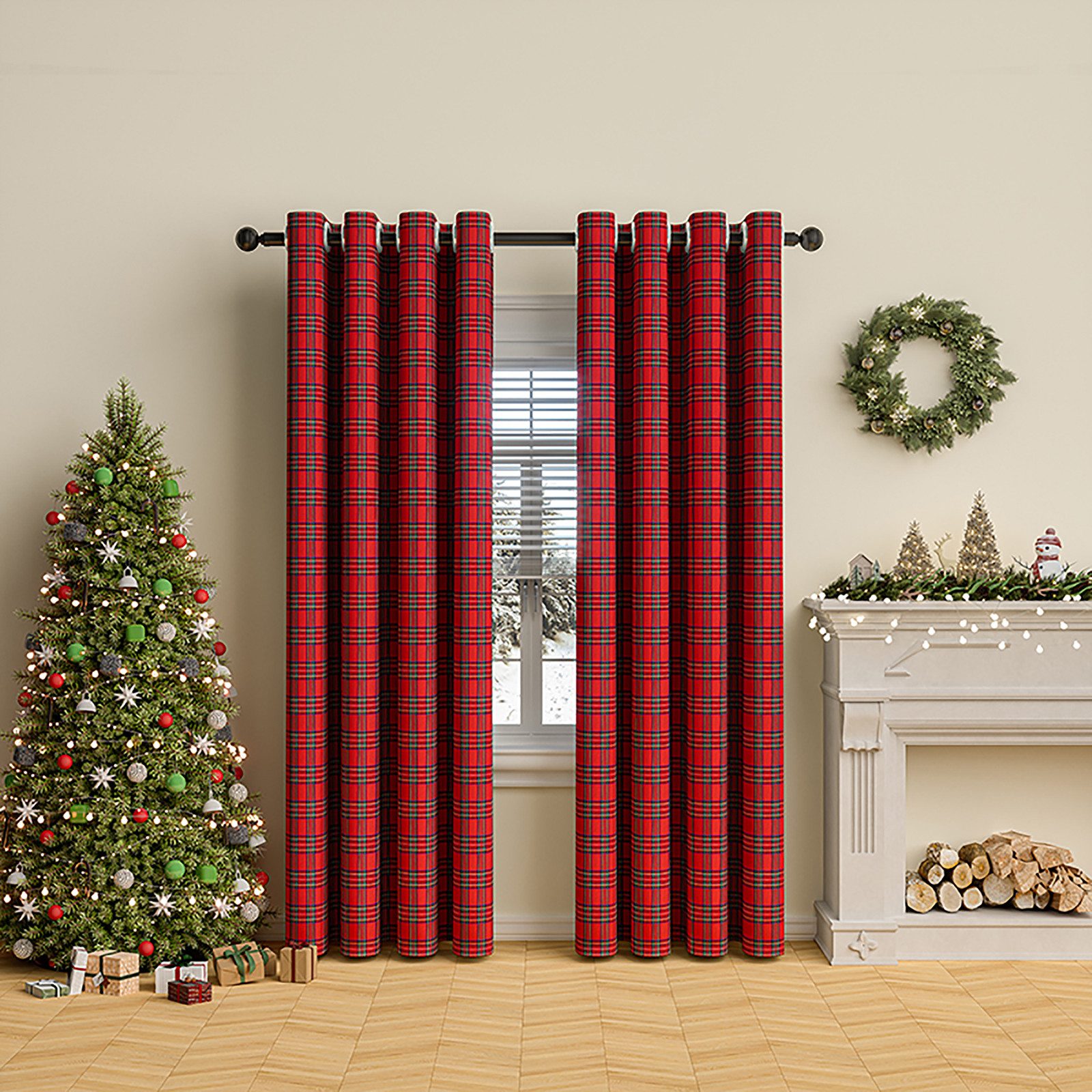 Rosnek Vorhang Karo Vorhang Fenstervorhang Weihnachtsdeko Ösen, Halbtransparent (1 St), für Wohnzimmer Schlafzimmer Bauernhaus Restaurant 132x274cm Rot