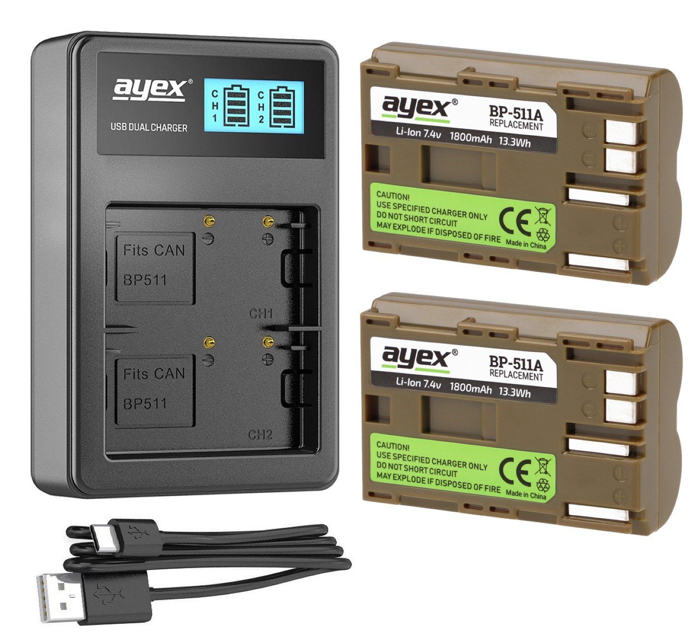Dual-Ladegerät USB BP-511A Kamera-Akku 2x ayex Akku +1x für Canon