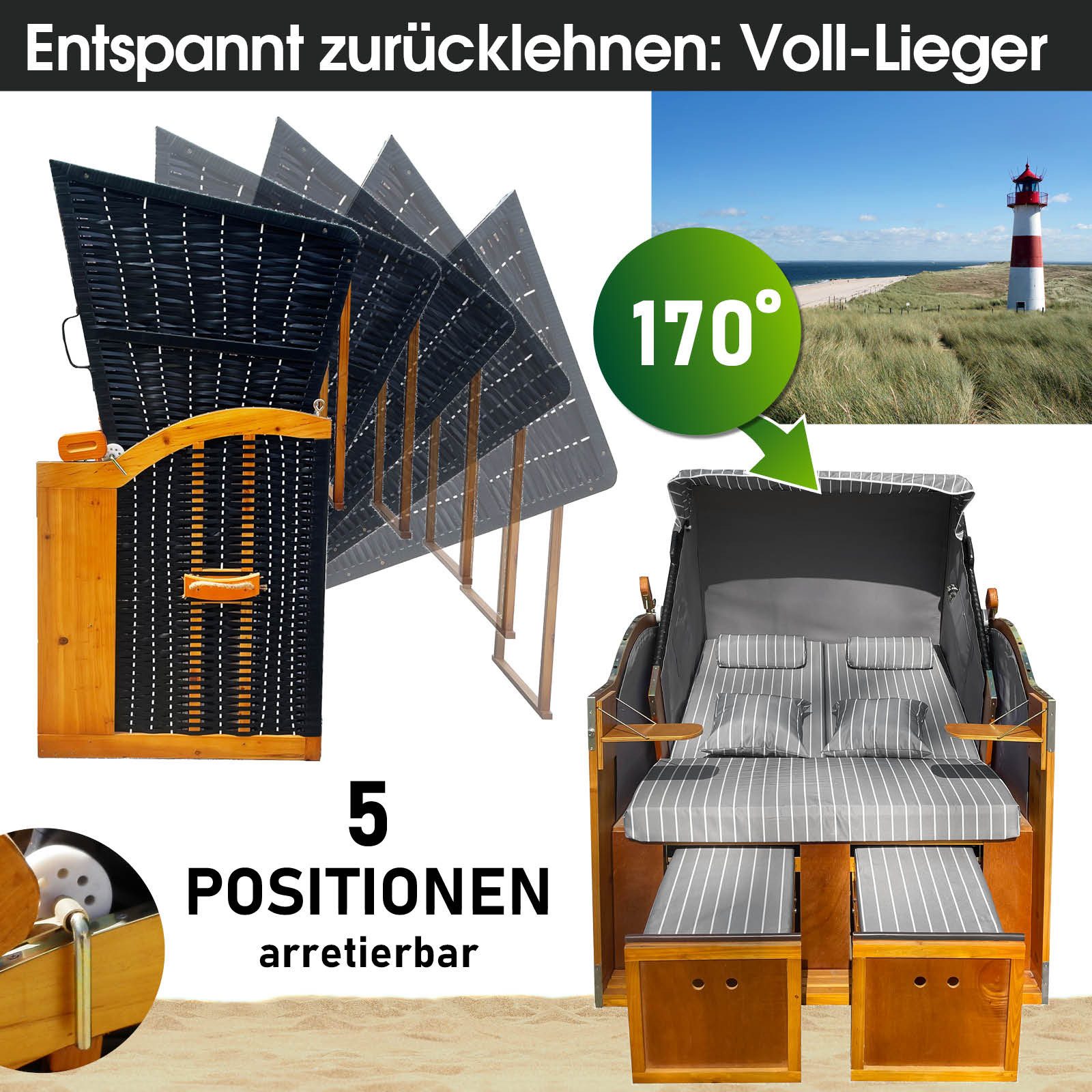 BRAST Strandkorb für 2 Personen, 120cm breit, 5 Designs, BxTxH: 120x79x150 cm, Volllieger, Rügen Deluxe, (verstellbare Rückenlehne weiches Fußkissen), inkl. wet – Bild 4 von 5
