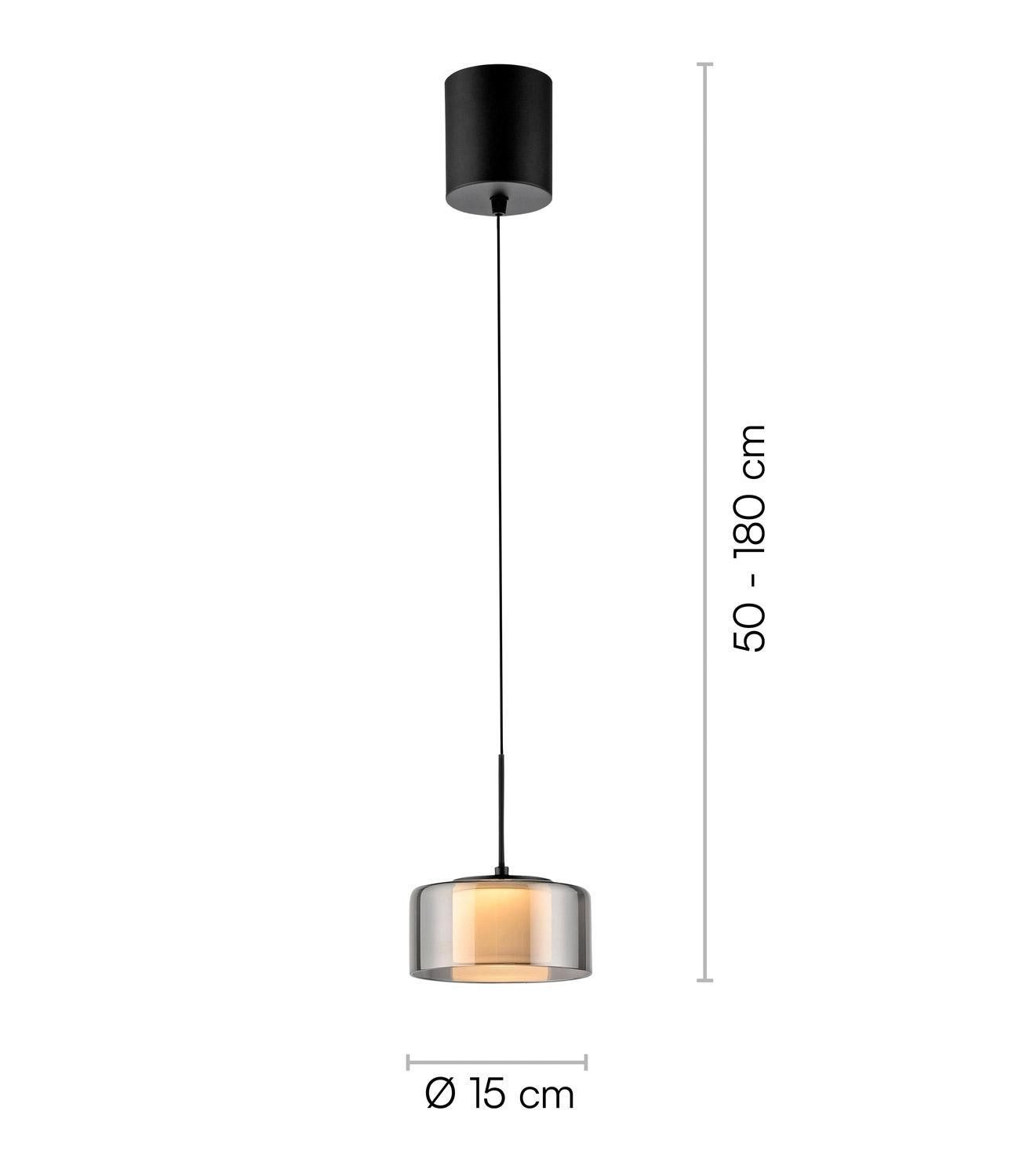 Paul Neuhaus LED Pendelleuchte RIKA, 1-flammig, Rauchfarben, Schwarz, Metall, Dimmfunktion, Memoryfunktion, LED fest integriert, Extra-Warmweiß, Lampenschirm aus Glas, Höhenverstellbar Ø 15 x H 180 cm
