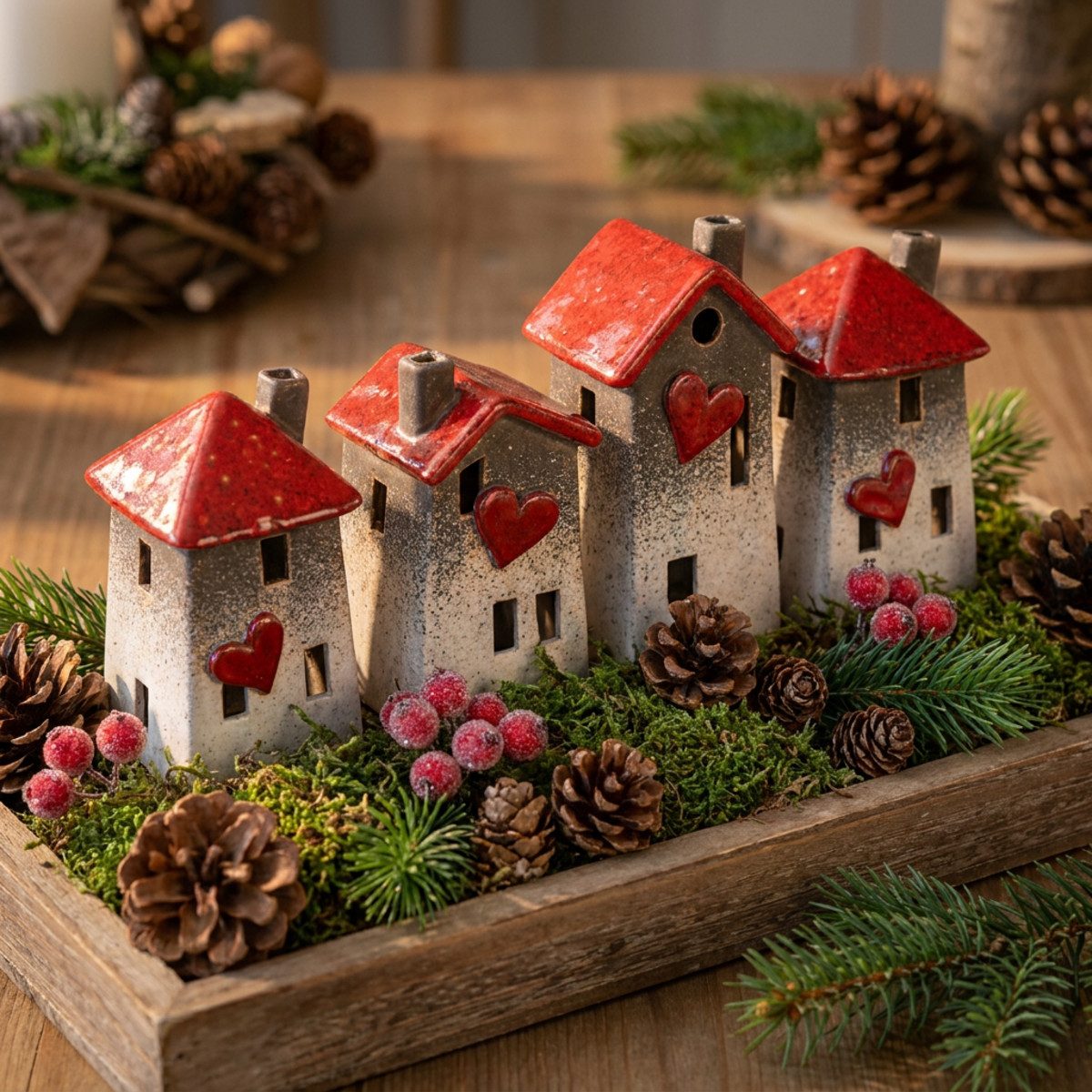 Florists Products Weihnachtsmann Romantische Keramik-Häuser Herzmotiv Deko-Set 11cm 3er Set, 3 Stück – Bild 2 von 5
