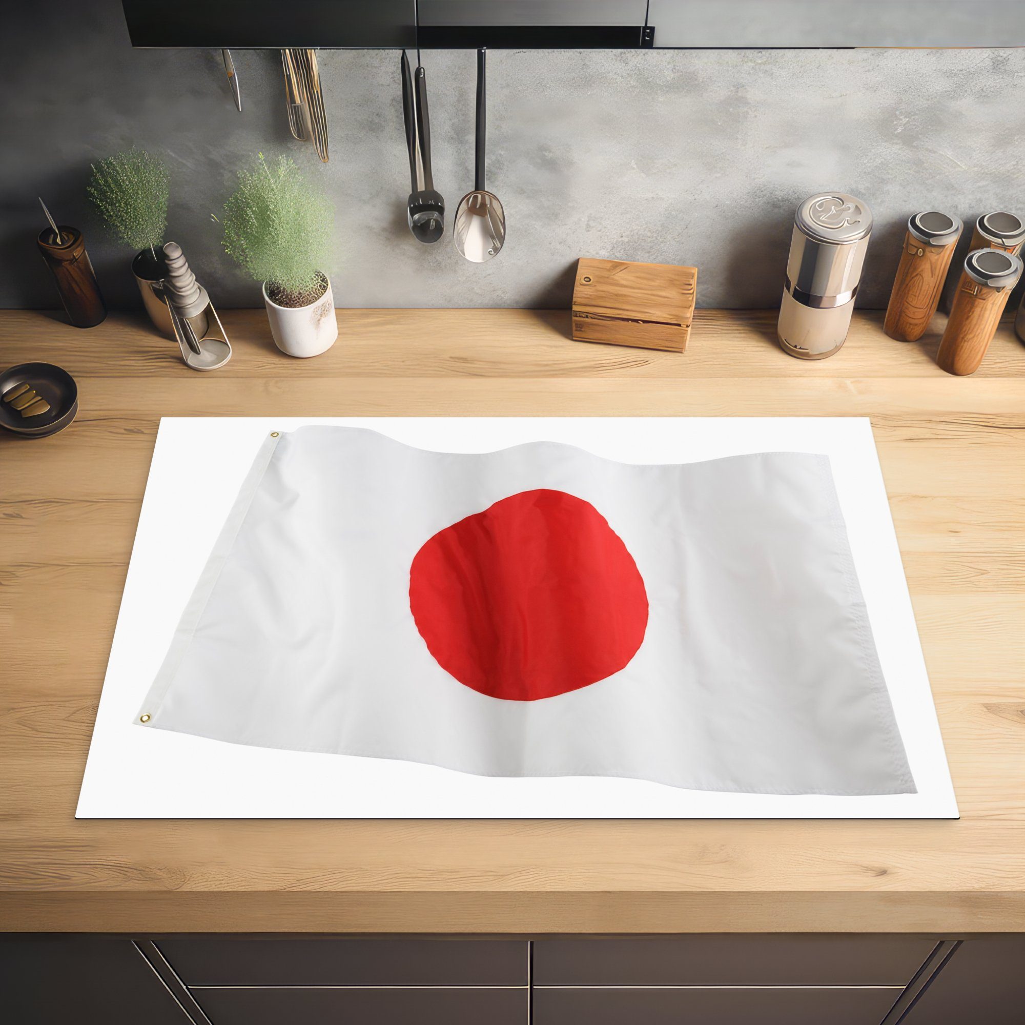 81x52 Schutz Herdblende-/Abdeckplatte Japan Hintergrund, weißem Ceranfeldabdeckung Flagge (1 auf cm, von Die für küche, Vinyl, Induktionskochfeld die MuchoWow tlg),
