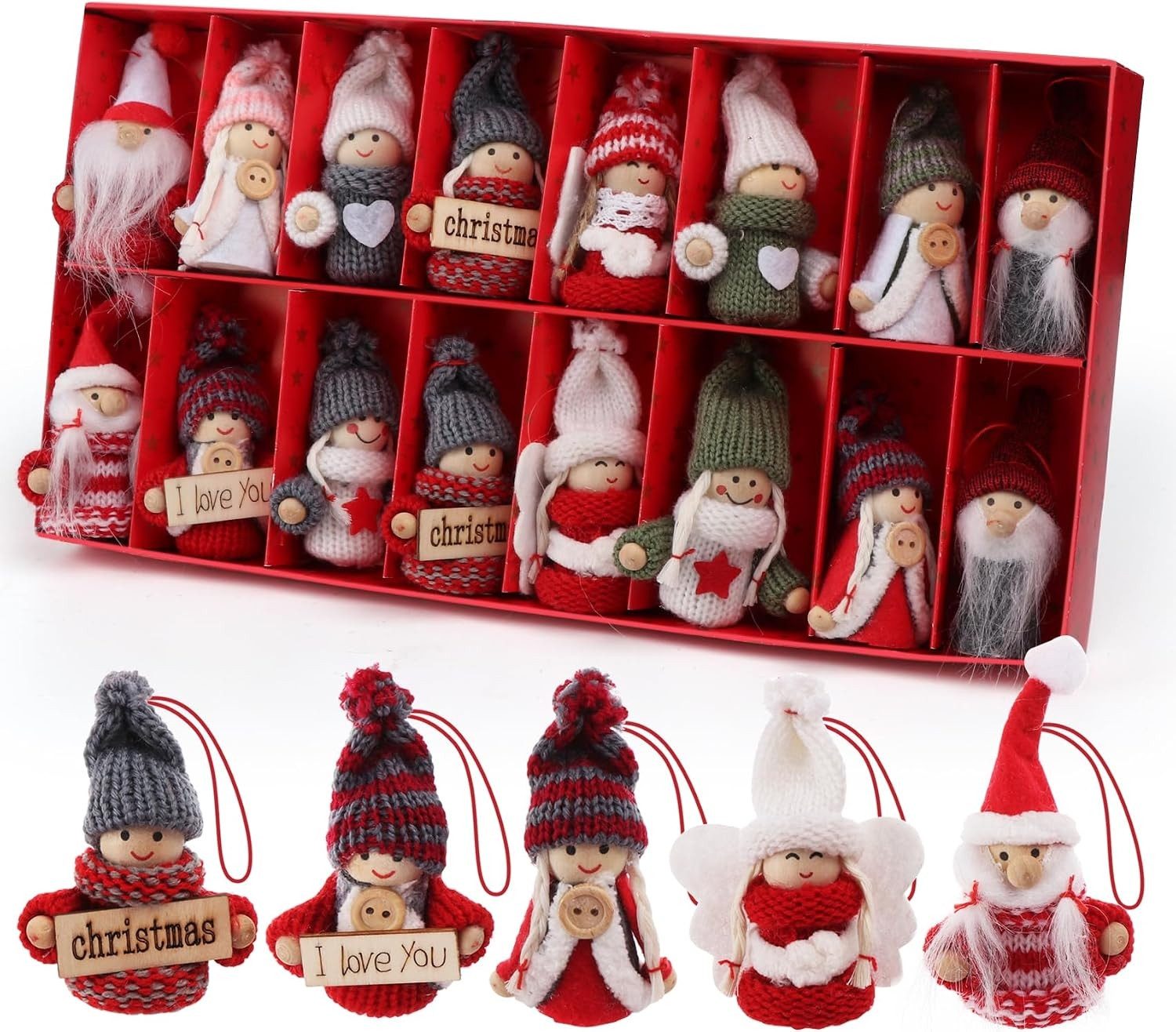 lindahandel Christbaumschmuck Weihnachtswichtel Set 16er,handgestrickte WichtelAnhänger,Winterkinder (16-tlg), mit Zedernholz-Perlen,7–8 cm, mit Aufhängeschnur, Christbaumschmuck