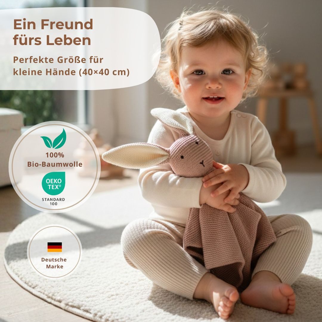 DIKOS Kuscheltuch SCHMUSE-Hase mit Söckchen 100% Bio-Baumwolle PREMIUM Geschenkset, (Strick-Set, Schnuffeltuch mit süßem Hasen - perfekt als erster Kuschelfreund), Geschenk zur Geburt, Babygeschenk, Erstausstattung Neugeborene