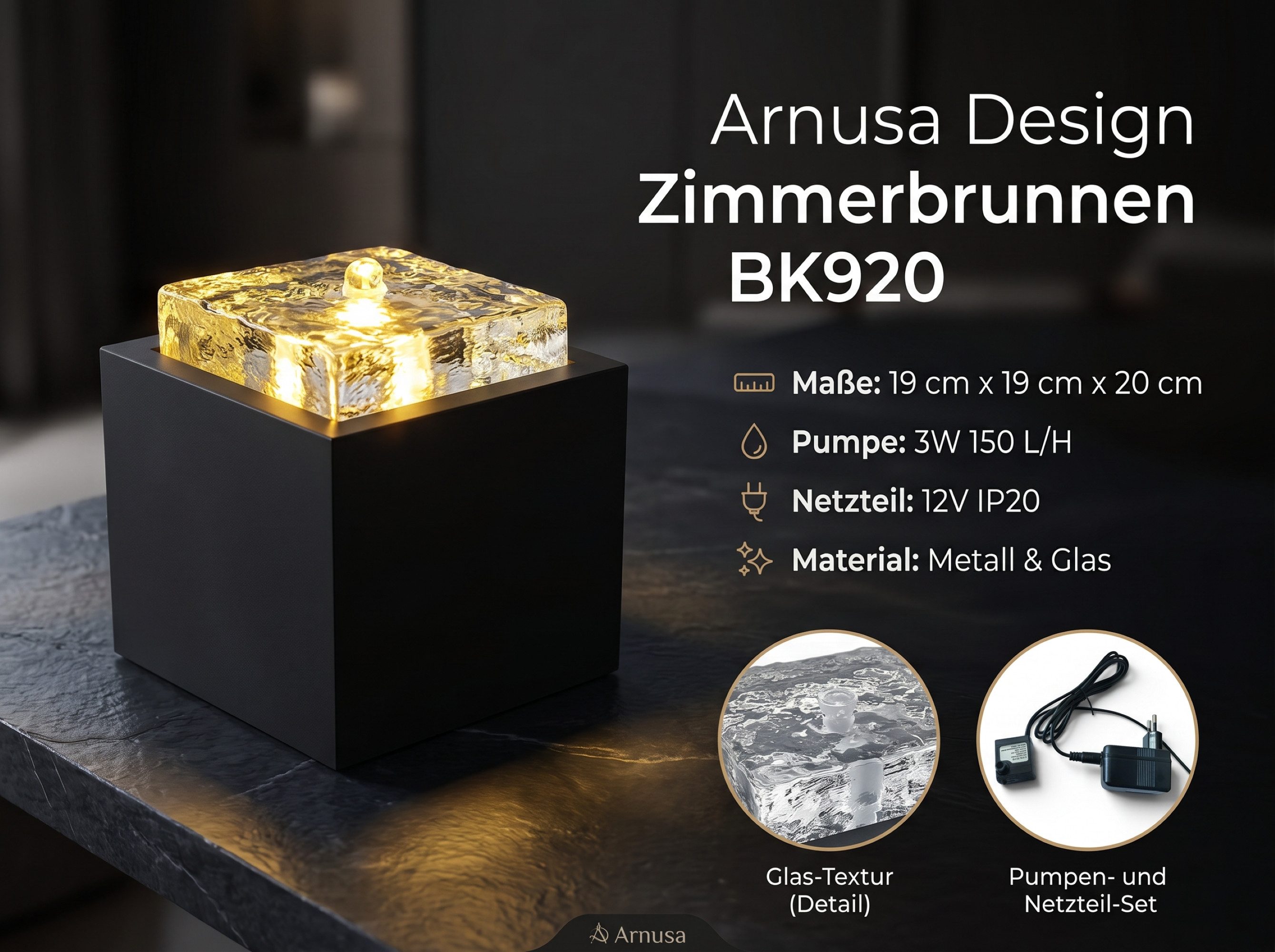 Arnusa Zimmerbrunnen Design Brunnen aus Glas und Metall warmweiß 19x20 cm Springbrunnen, Tischbrunnen im Komplett-Set