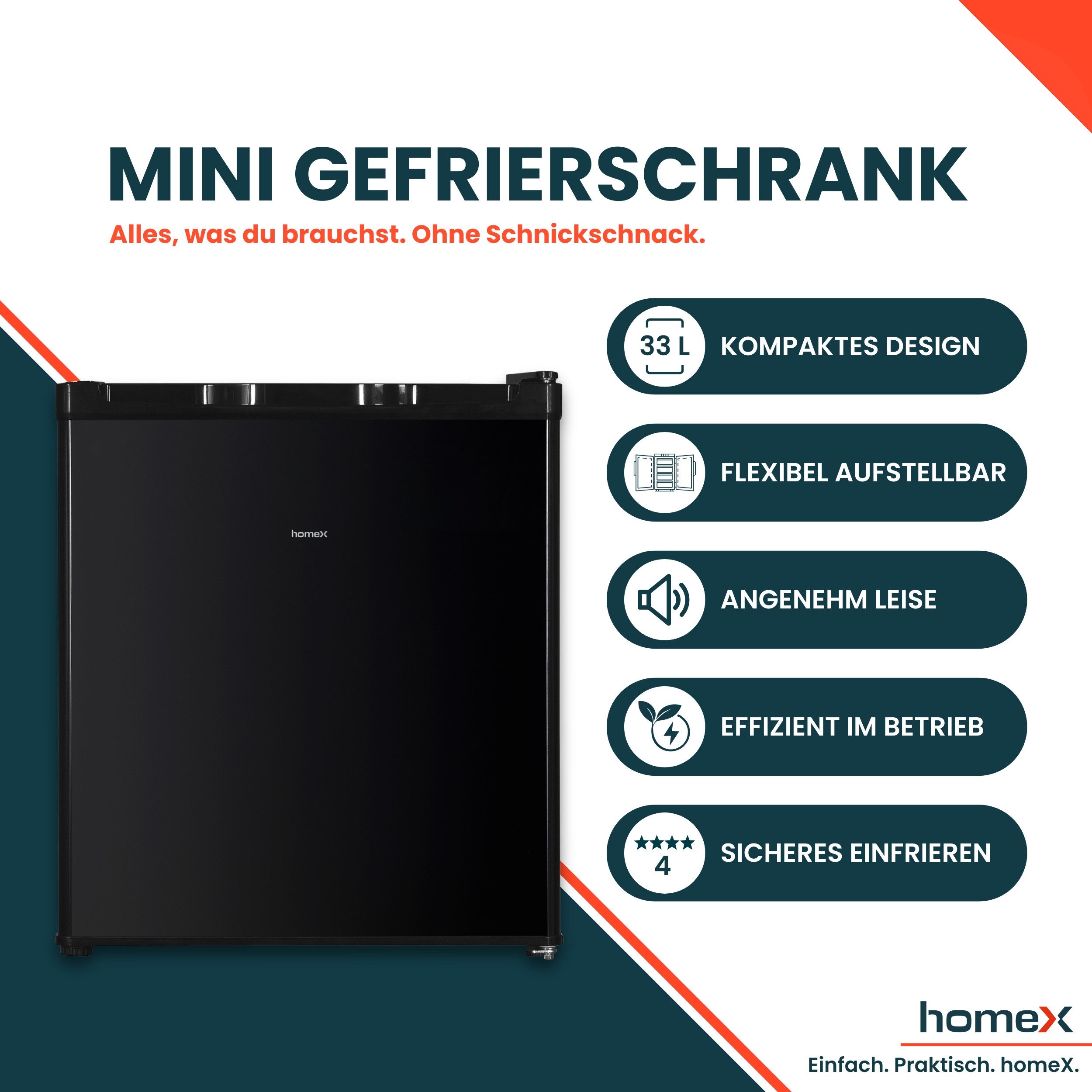 homeX Gefrierschrank FM1015-B, 51 cm hoch, 44 cm breit, Mini Gefriertruhe, Tiefkühlschrank klein, Gefrierbox, Freezer, 33 L