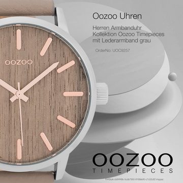 OOZOO Quarzuhr Oozoo Herren Armband-Uhr grau, Herrenuhr rund, groß (ca. 45mm) Lederarmband, Fashion-Style