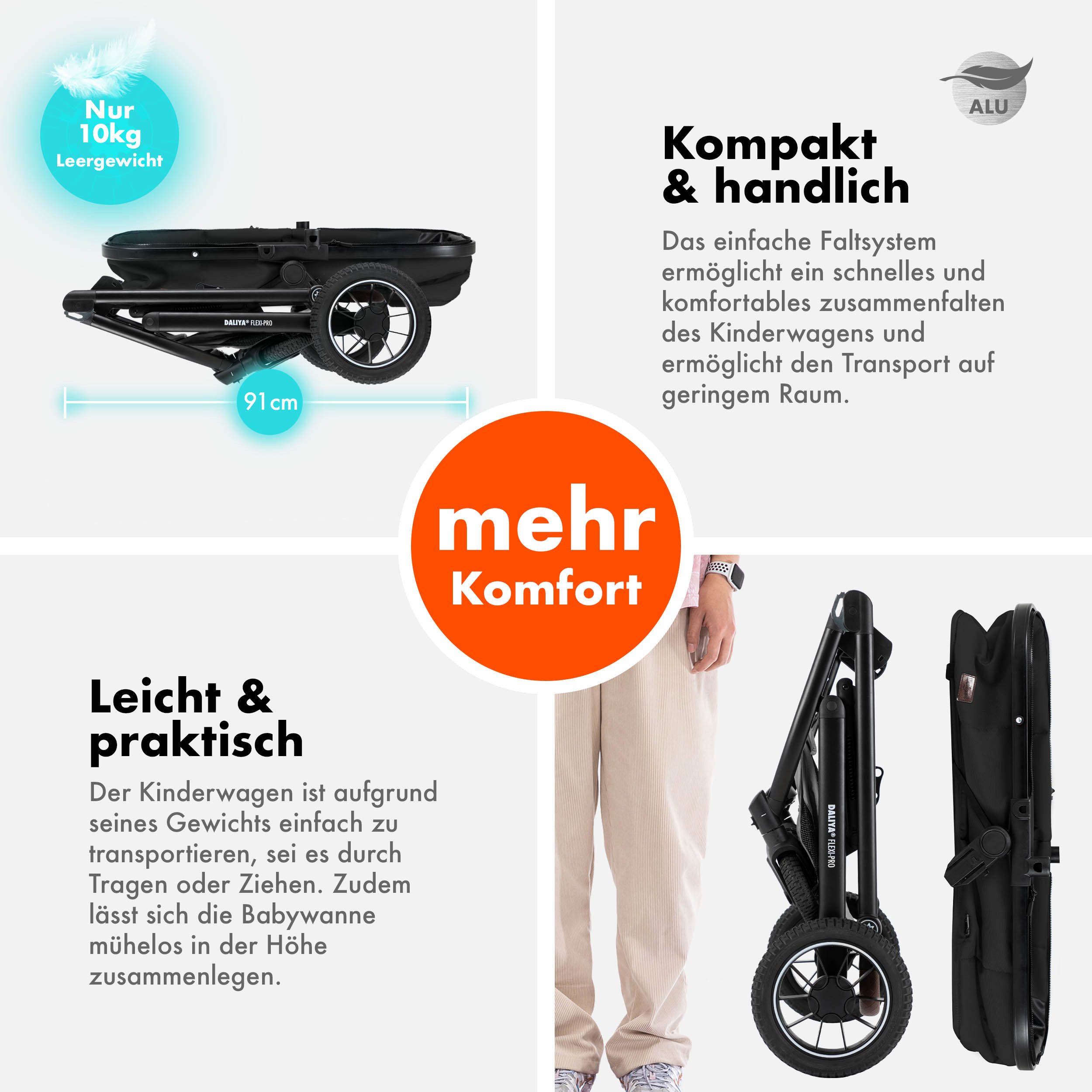 Daliya® Kombi-Kinderwagen FLEXI-PRO M 2in1 Kinderwagen & Buggy, Reisekinderwagen, XXL Set, (10-tlg), Einhändig abnehmbare Wanne, Alu-Rahmen, Gummireifen, Gurte, UV 50+