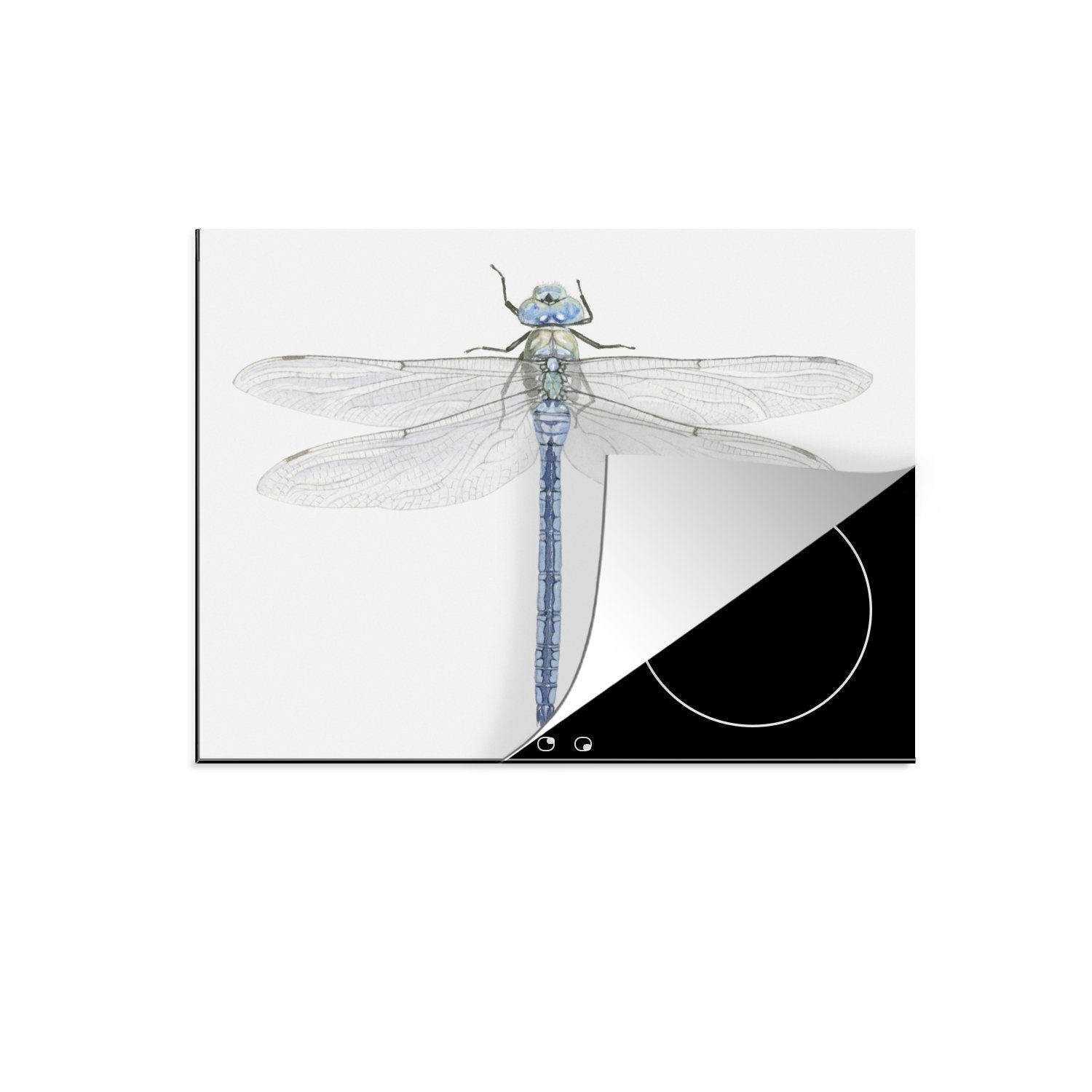 MuchoWow Herdblende-/Abdeckplatte Eine Illustration einer Libelle auf weißem Hintergrund, Vinyl, (1 tlg), 70x52 cm, Mobile Arbeitsfläche nutzbar, Ceranfeldabdeckung