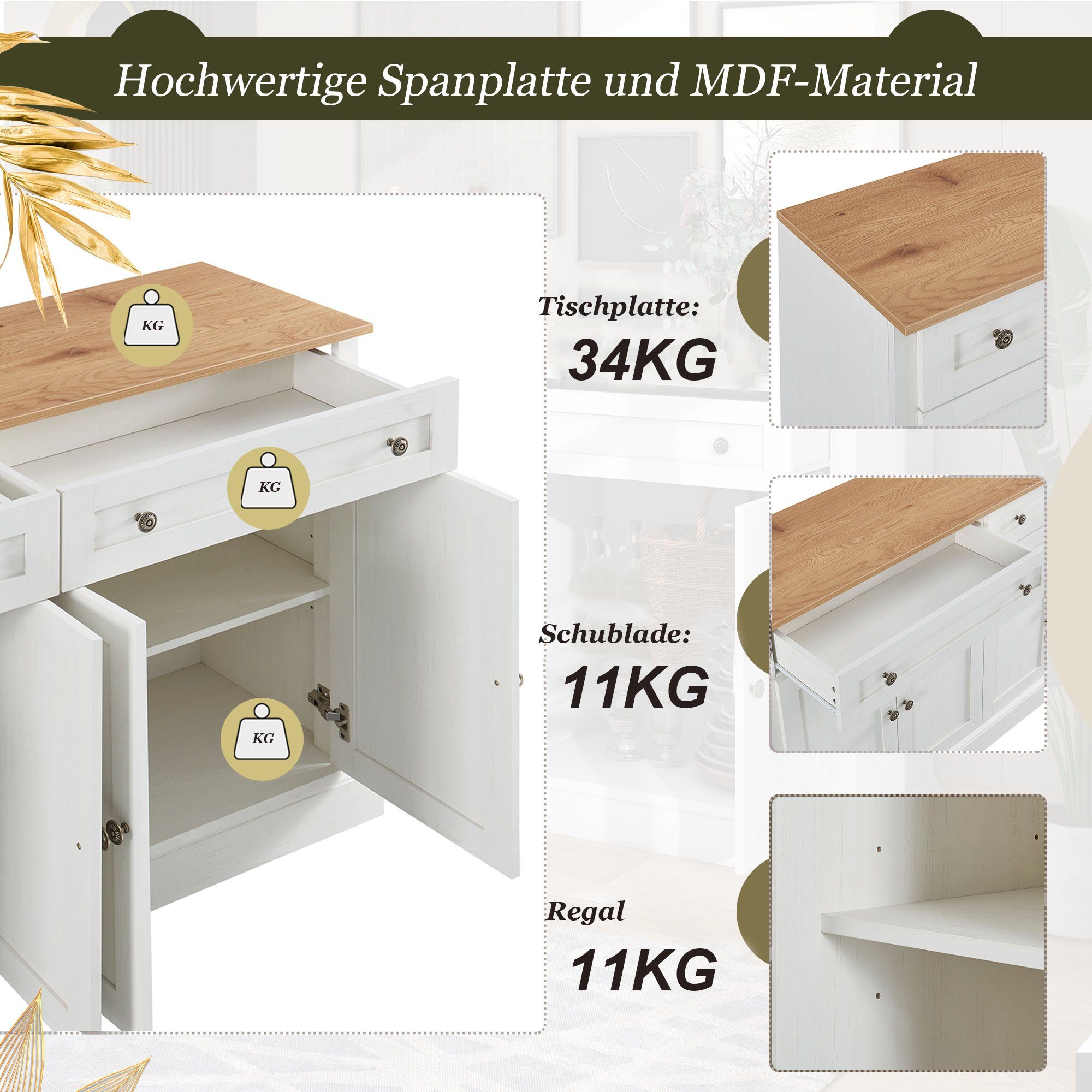 Merax Sideboard im rustikalen Landhausstil mit 2 Schubladen und 4 Türen, Kommode mit viel Stauraum und Metallgriffe,Anrichte,Breite 150cm