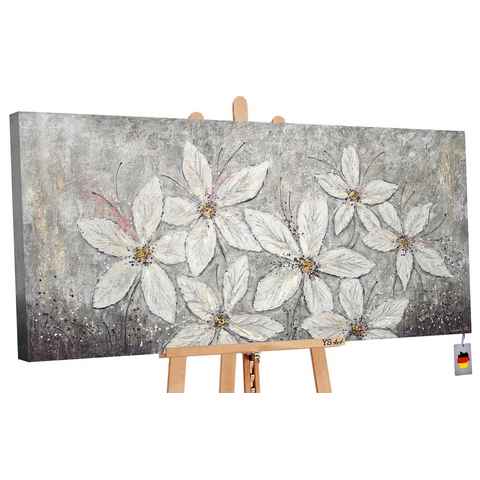 YS-Art Gemälde Blumenparadies, Blumen, Weiße Blumen Leinwand Bild Handgemalt Grau Schwarz