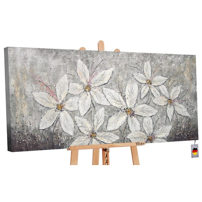 YS-Art Gemälde Blumenparadies Blumen Weiße Blumen Leinwand Bild Handgemalt Grau Schwarz