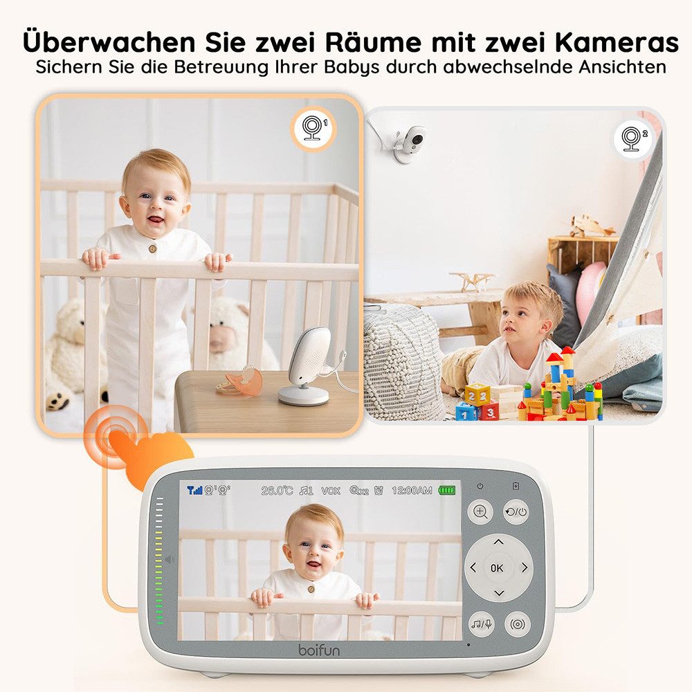 Boifun Babyphone Babyphone mit Kamera und Audio VOX Nachtsicht Babyfon, 4" großer Digital IPS Bildschirm Wireless Zwei-Wege-Gespräch, 1-tlg., Wiegenlieder 30 Stunden wiederaufladbare Batterie 300 m Reichweite, 2024 Verbessert Babyphone ideal für Eltern
