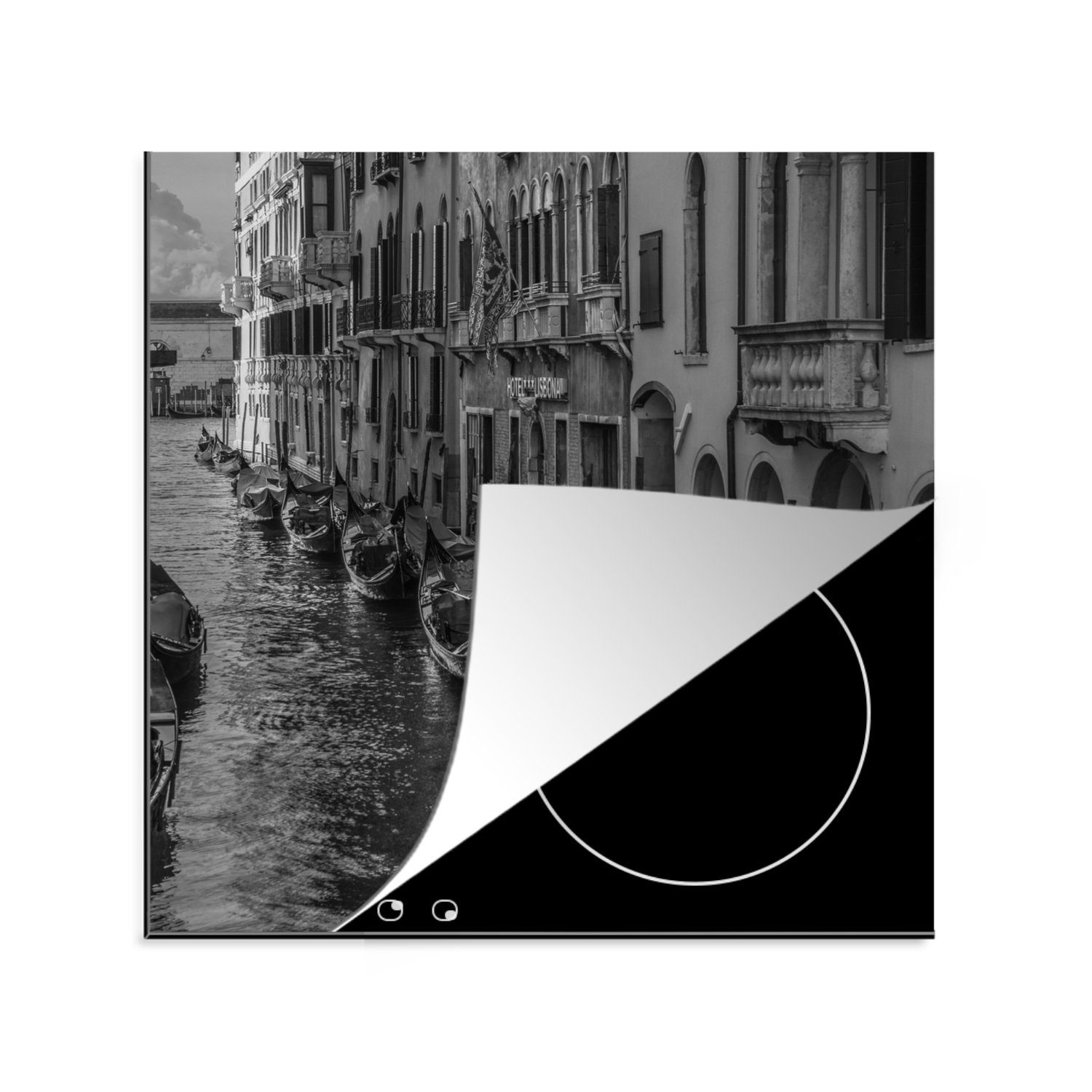 MuchoWow Herdblende-/Abdeckplatte Gondeln in Venedig in schwarz und weiß, Vinyl, (1 tlg), 78x78 cm, Ceranfeldabdeckung, Arbeitsplatte für küche