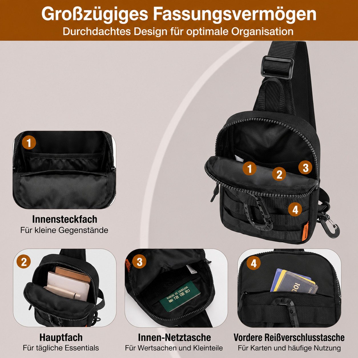 nsihing Umhängetasche Herren Umhängetasche, Taktische Brusttasche mit Kompaktem Design, Wasserabweisend für Reise, Arbeit, Sport & Alltag