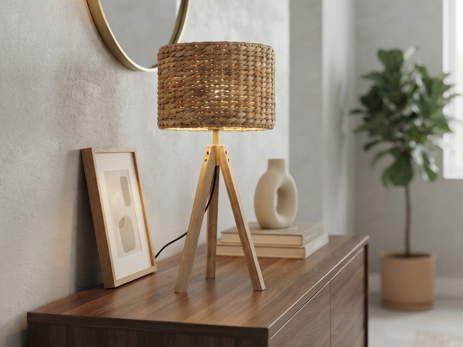 meineWunschleuchte Tischleuchte mit Holz & Wasserhyazinthe, Höhe 57cm, ohne Leuchtmittel, große Boho Tischlampe skandinavisch mit Holzfuß & E27 Korb Schirm – Bild 5 von 5