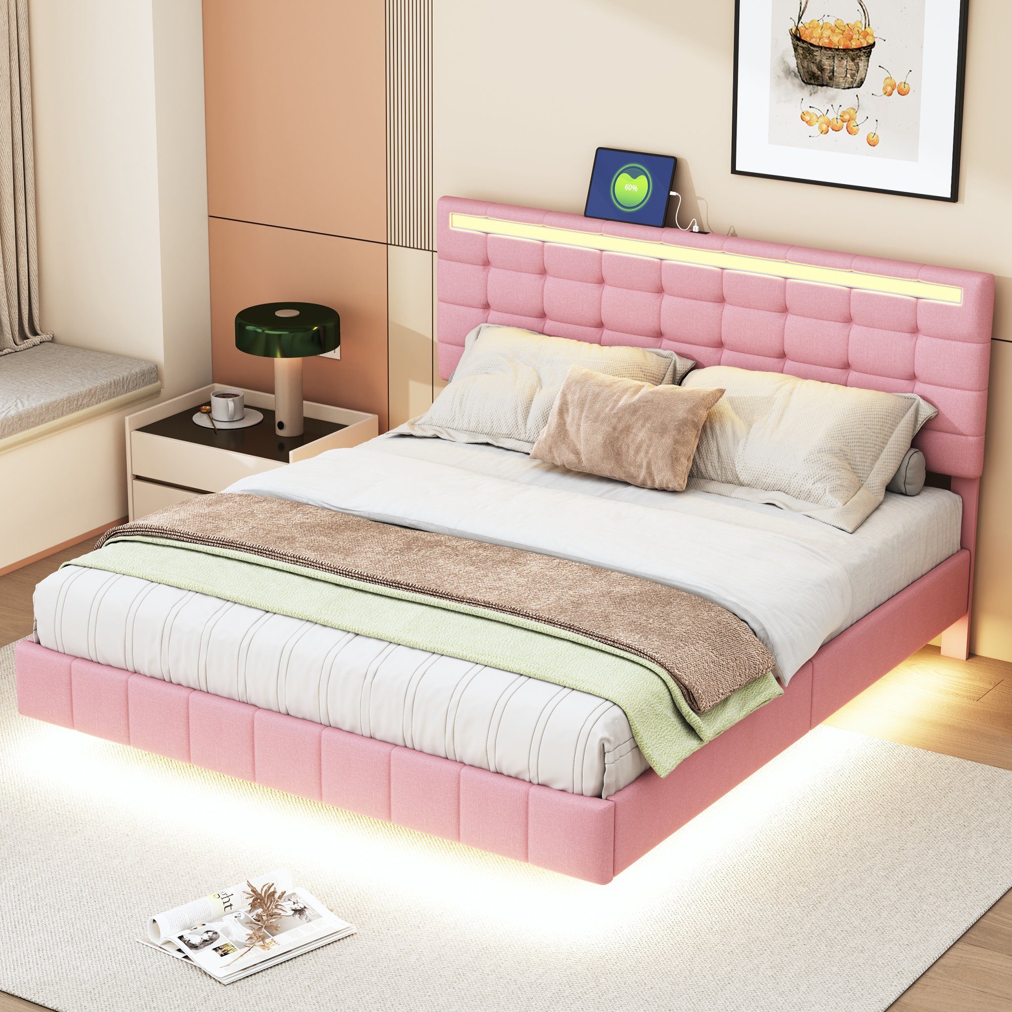Polsterbett (LED Doppelbett), mit USB Ladefunktion und höhenverstellbarem Kopfteil 160x200cm, Leinen
