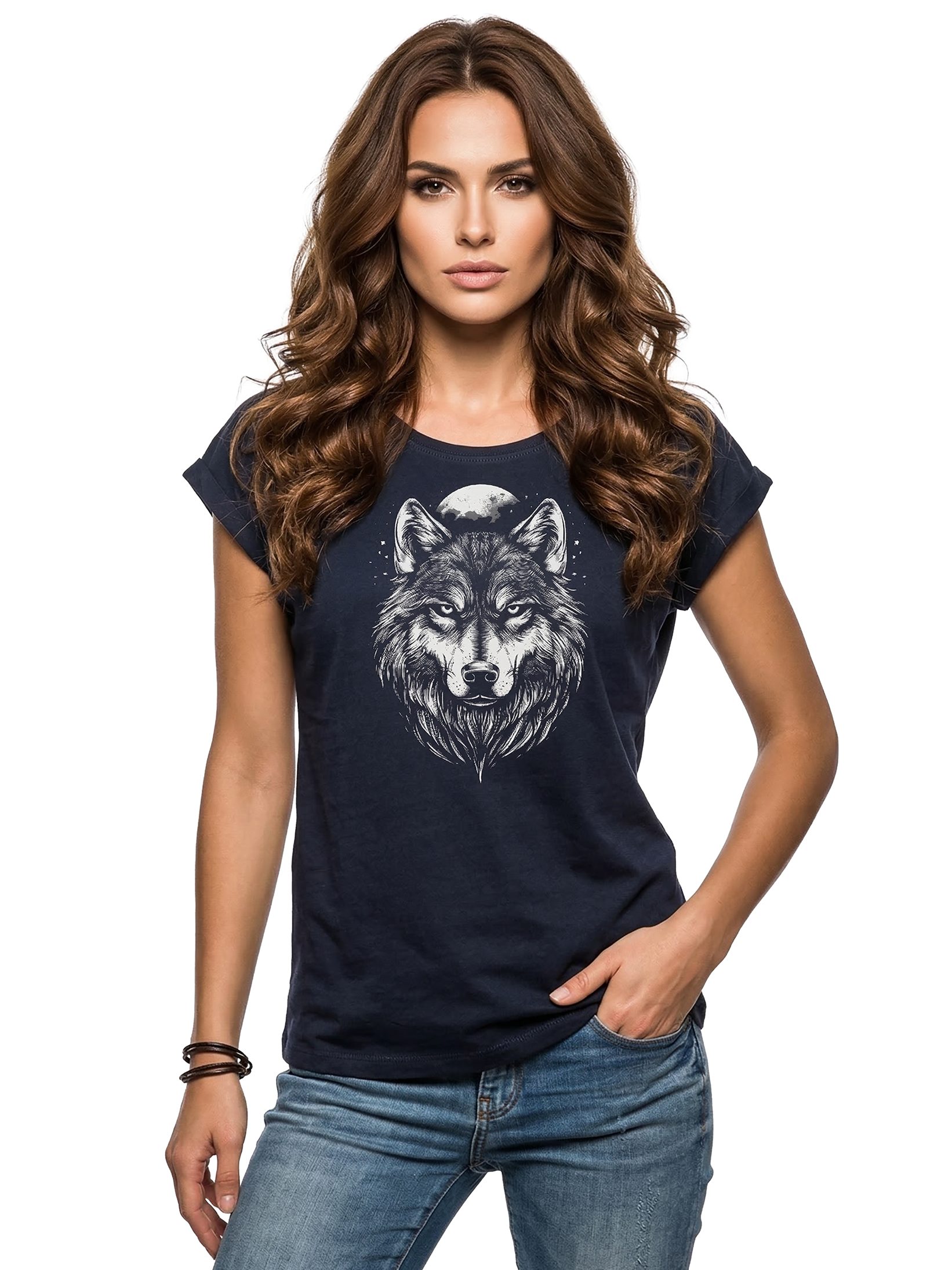 MAKAYA Print-Shirt mit Wolf Motiv für Damen Wolfskopf Viking Wikinger Top (Schwarz, Blau, Grau, Grün, 34, 36, 38, 40, 42, 44, 46, 48, 50) Baumwolle