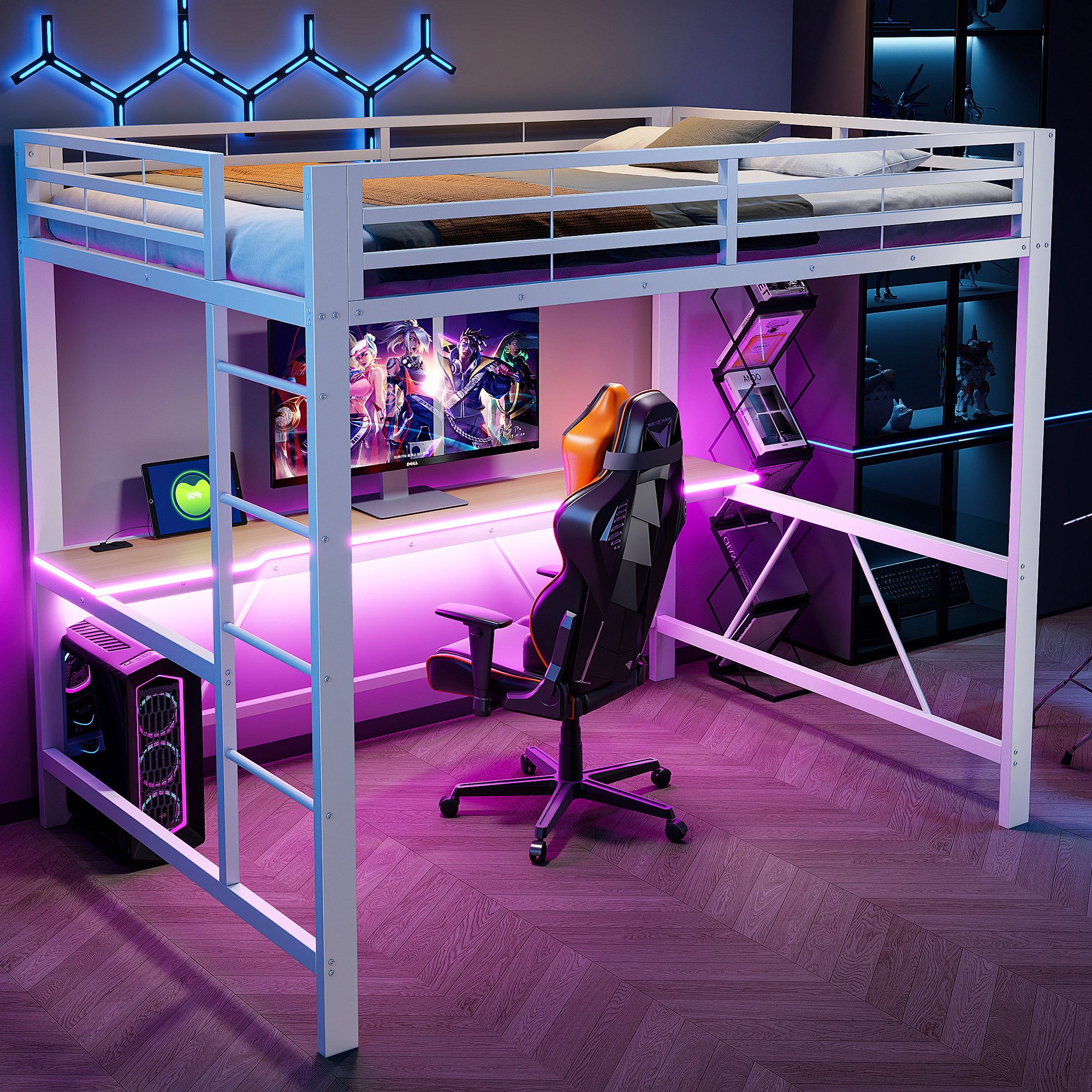 Odikalo Hochbett 140x200 160x200 Jugendbett Metallbett mit Schreibtisch LED und USB (Gaming-Metall-Hochbettgestell mit LED-Beleuchtung, USB-Ladestation und Schreibtisch)