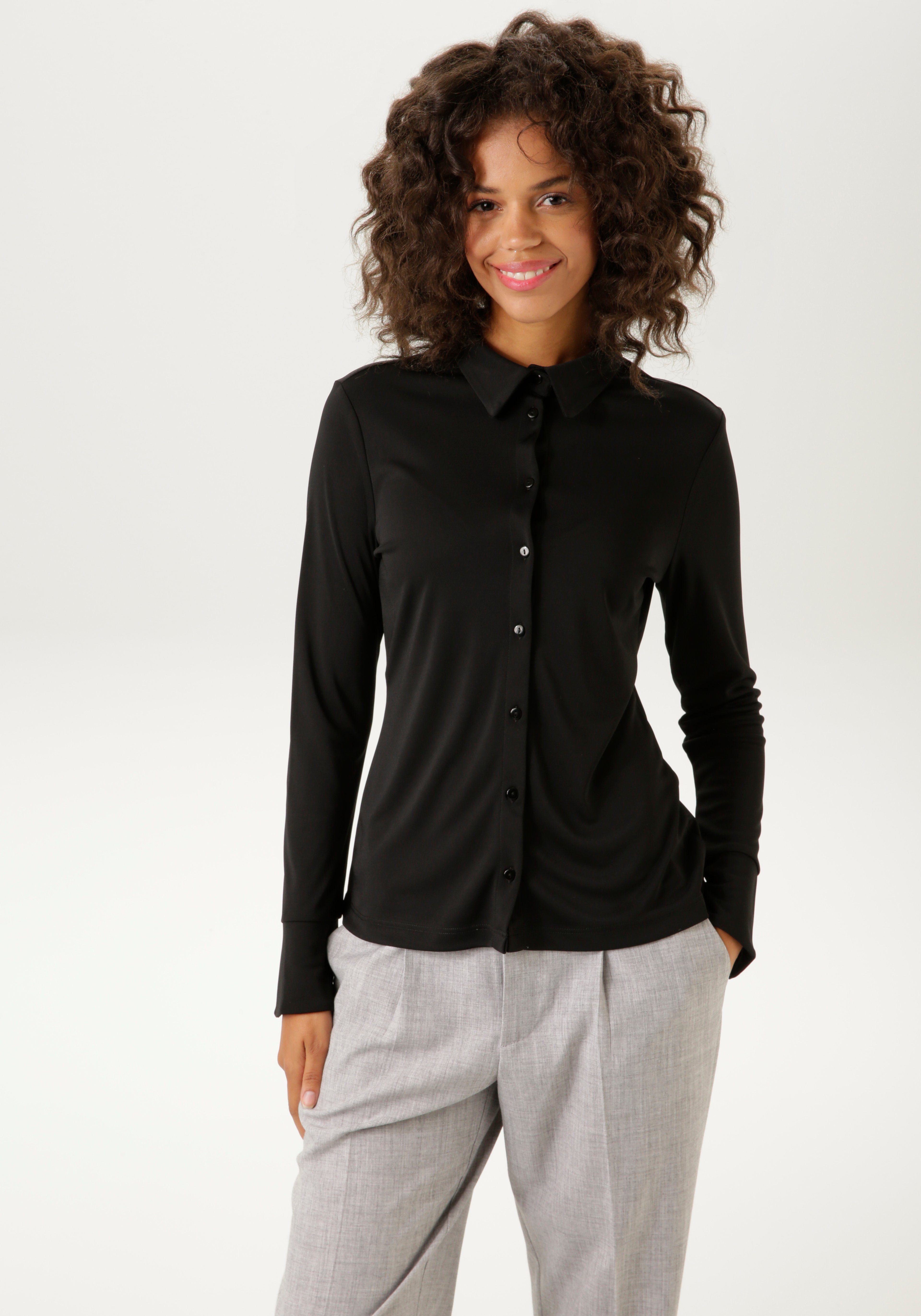 Aniston CASUAL Hemdbluse in strukturierter Jersey-Crepé-Qualität schwarz