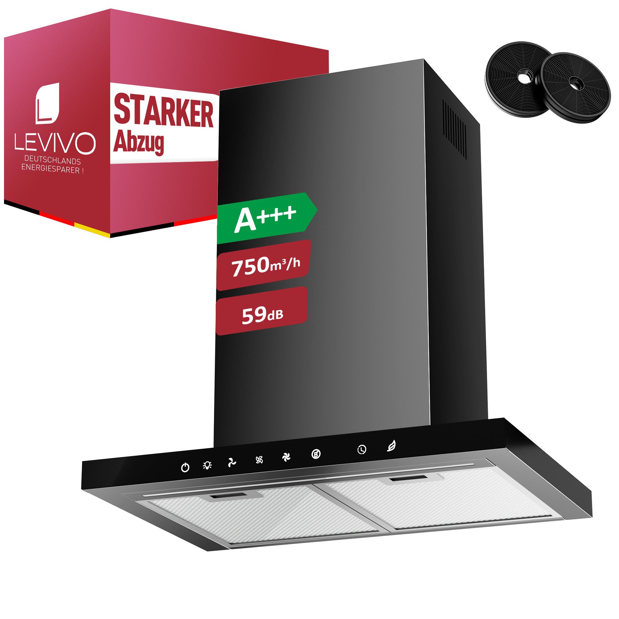 Levivo Wandhaube A+++ Dunstabzugshaube 60cm Umluft & Abluft mit 750 m³/h A+++ Dunstabzugshaube 60cm Umluft & Abluft mit 750 m³/h, Aktivkohlefiltern, Fettfiltern, LED-Beleuchtung