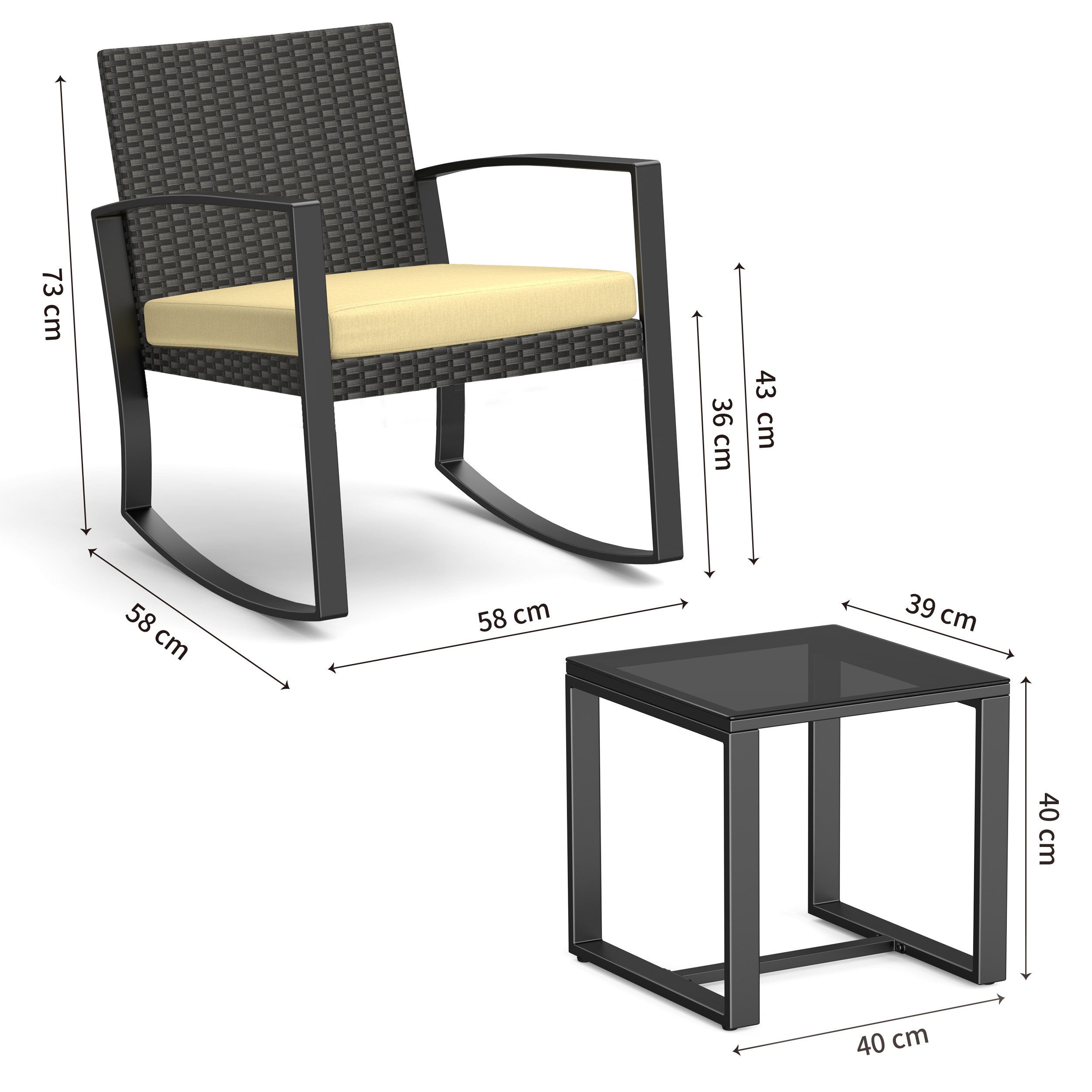 Bealife Balkonset Gartenlounge-Set, (3-tlg), 1 Tisch und 2 Stühle, Rattan Gartenmöbel, (Mit Schaukel-Funktion)