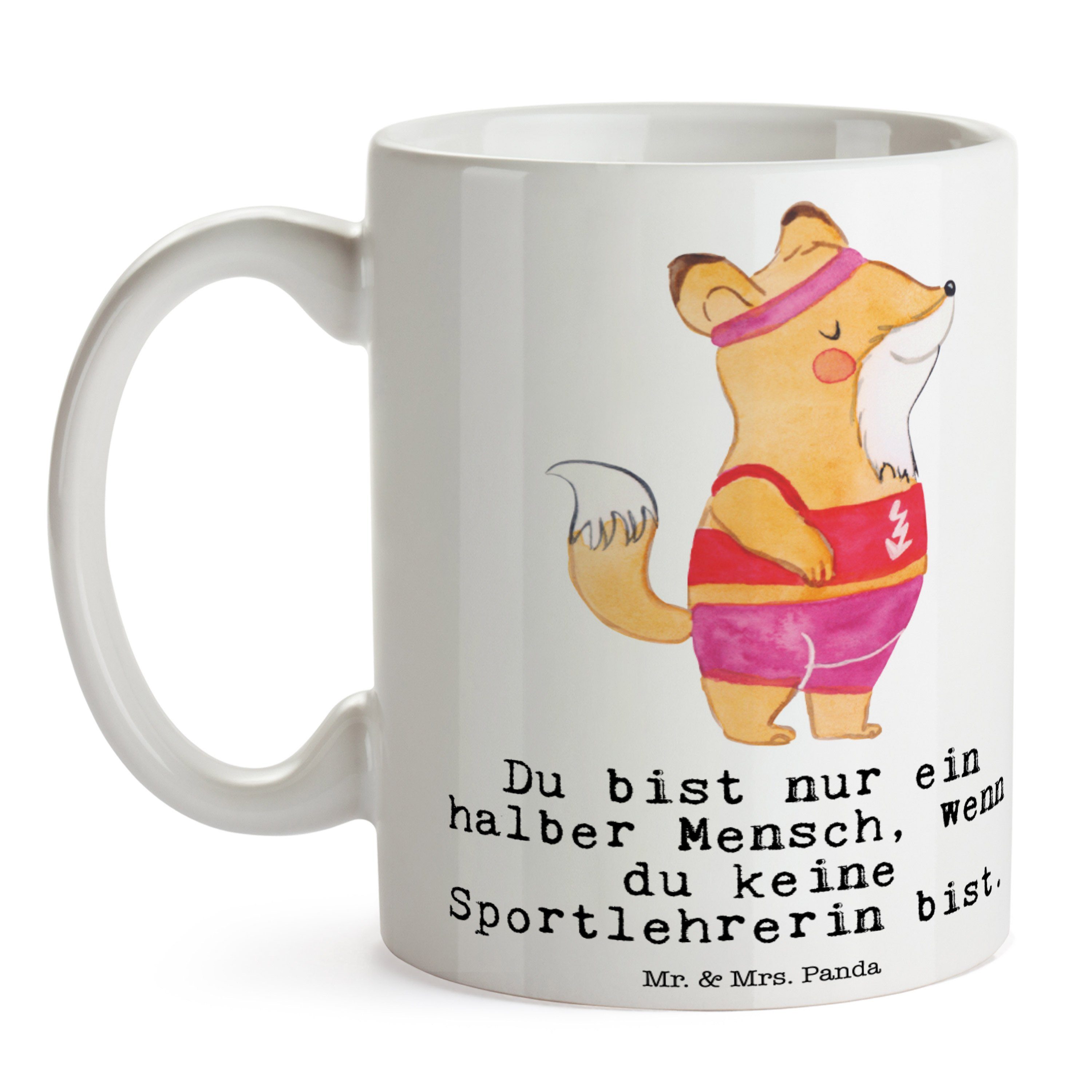 Tasse Porzellantasse, Geschenk, - mit Herz Weiß Tee, Keramik - Sportlehrerin & Becher, Mr. Mrs. Panda